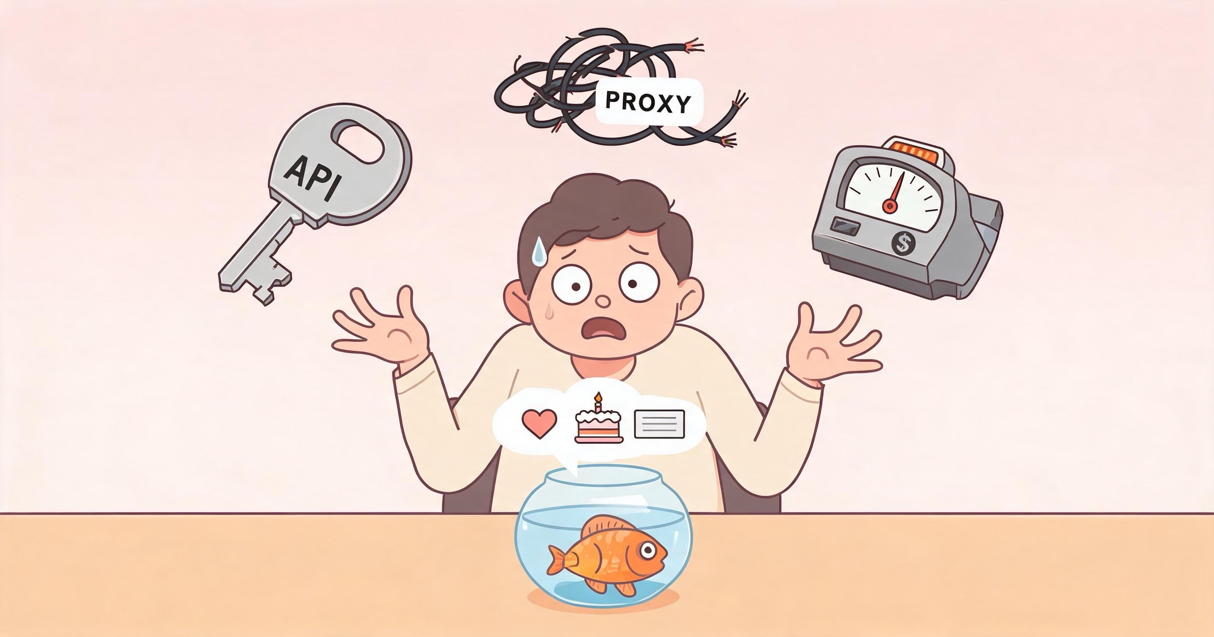 Meme of the bring-your-own-model hassle: juggling an API key, a tangled broken proxy cable and a spiking cost meter while a goldfish memory forgets the details of the roleplay