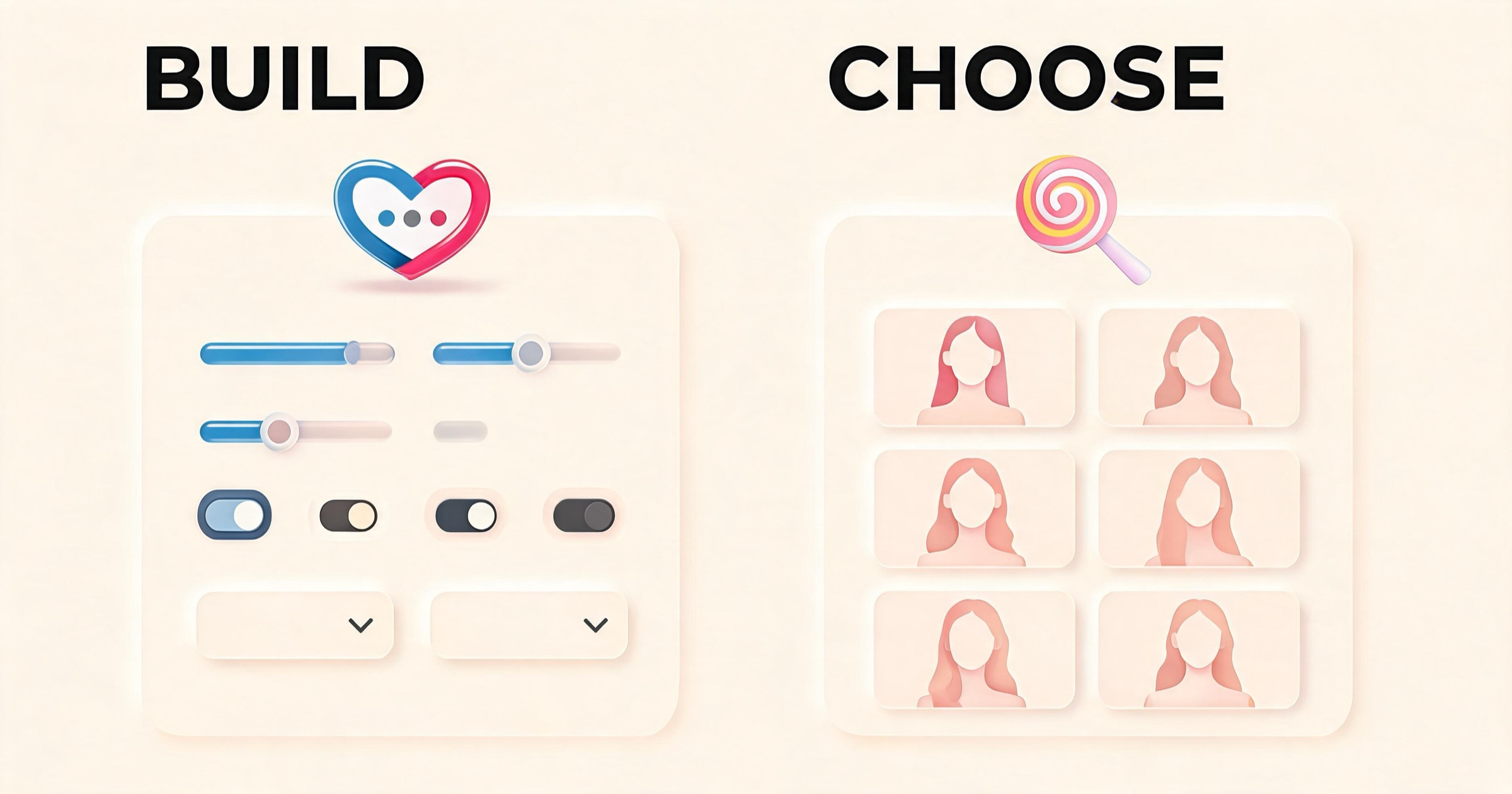 Split illustration contrasting DreamGF's slider-based character builder with Candy AI's pre-made catalog