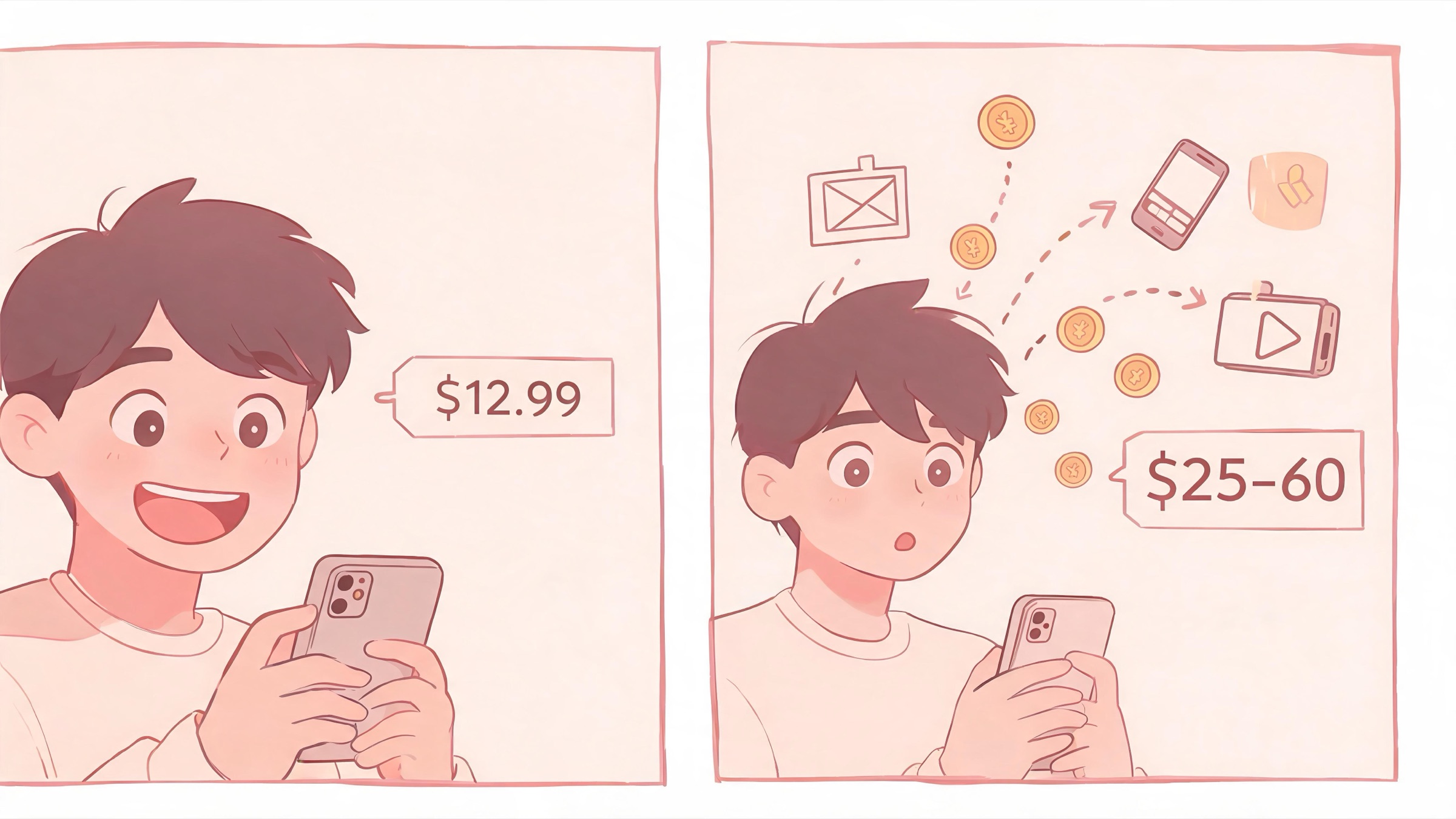 Two-panel comic showing how a cheap-looking AI girlfriend subscription becomes expensive once token costs for photos and calls are added