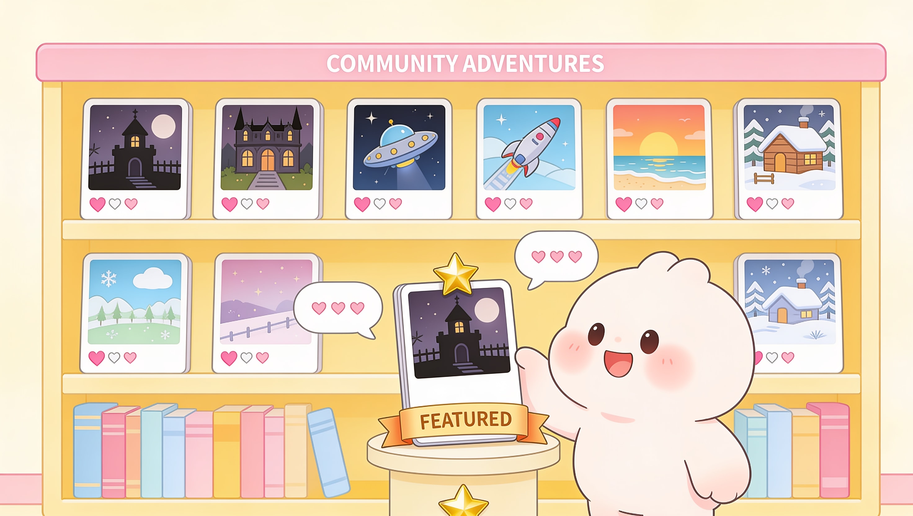 A cartoon grid of community adventure story cards with hearts and comments, one on a pedestal with a FEATURED ribbon and gold star, a character browsing, illustrating publishing and discovering shared AI adventures