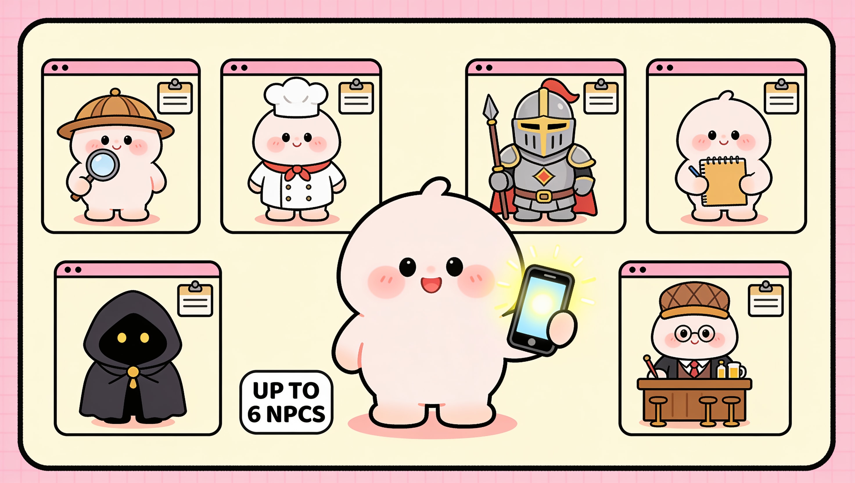 A cartoon of a character and glowing phone companion surrounded by six distinct NPC characters (detective, chef, knight, journalist, cloaked figure, barkeep) each in a portrait frame, labelled UP TO 6 NPCS, illustrating the multi-NPC supporting cast of an AI adventure