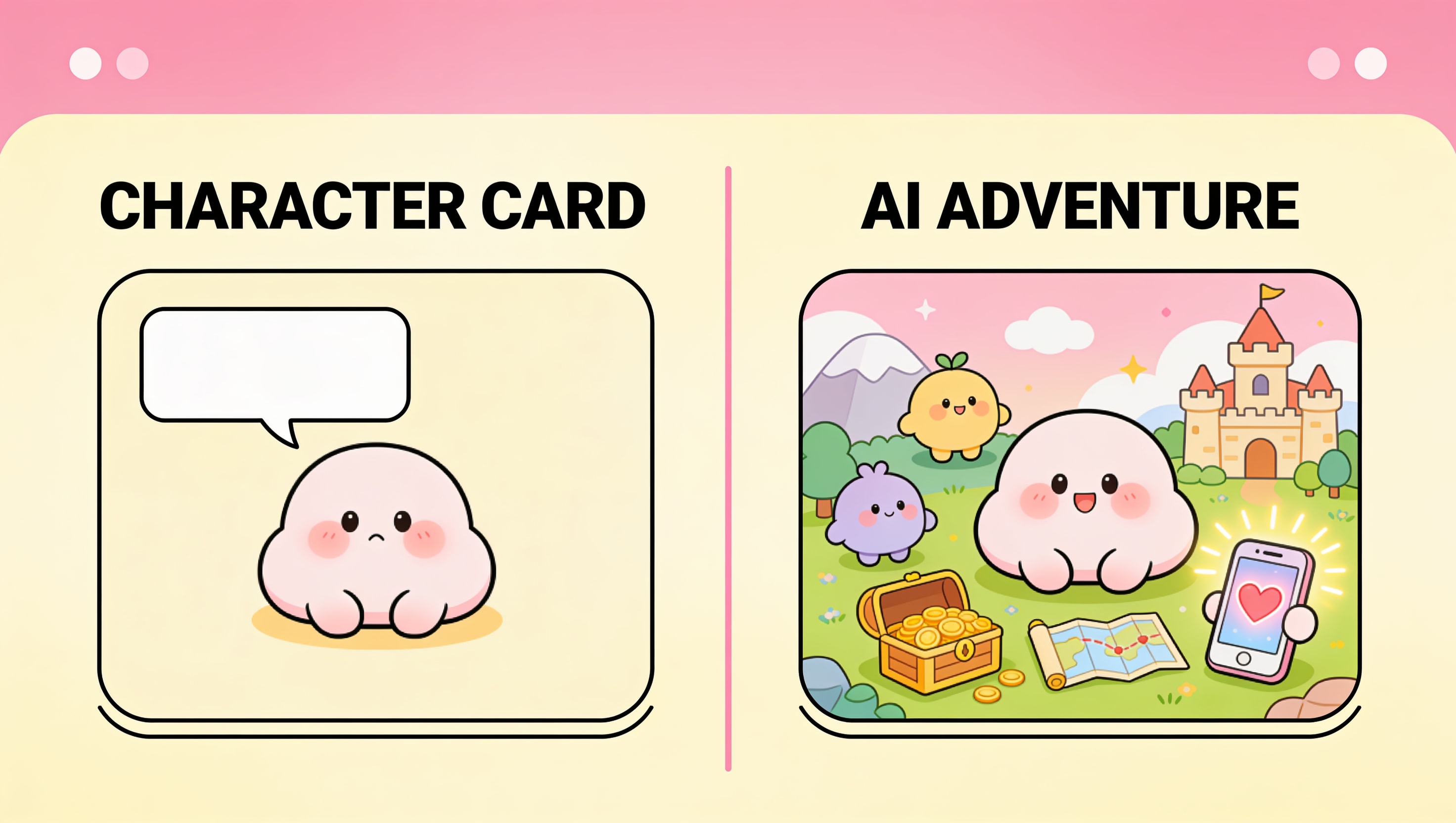 A two-panel cartoon: "Character Card" (a lonely blob in an empty chat box) versus "AI Adventure" (the same blob in a rich world full of characters and places), illustrating the difference between a single chatbot and a full interactive adventure