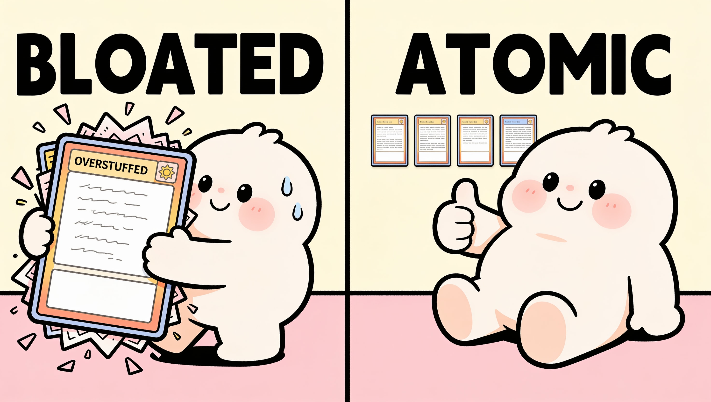A two-panel cartoon: "Bloated" (one giant overstuffed lore card) versus "Atomic" (several neat small lore cards), illustrating that lorebook entries should be small and focused, not huge