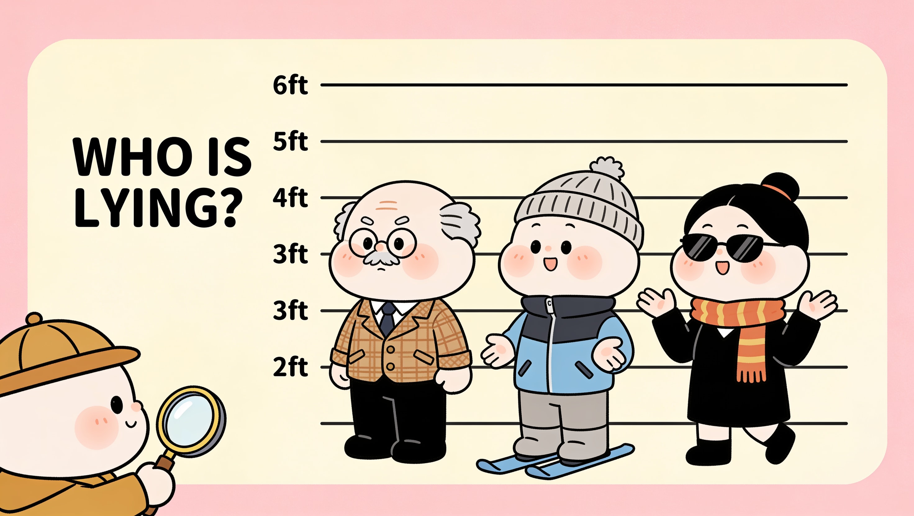 A cartoon murder-mystery suspect lineup of three distinct characters (professor, ski instructor, actress) against a height chart with a little detective, labelled WHO IS LYING, illustrating distinct NPC personalities in a roleplay scene