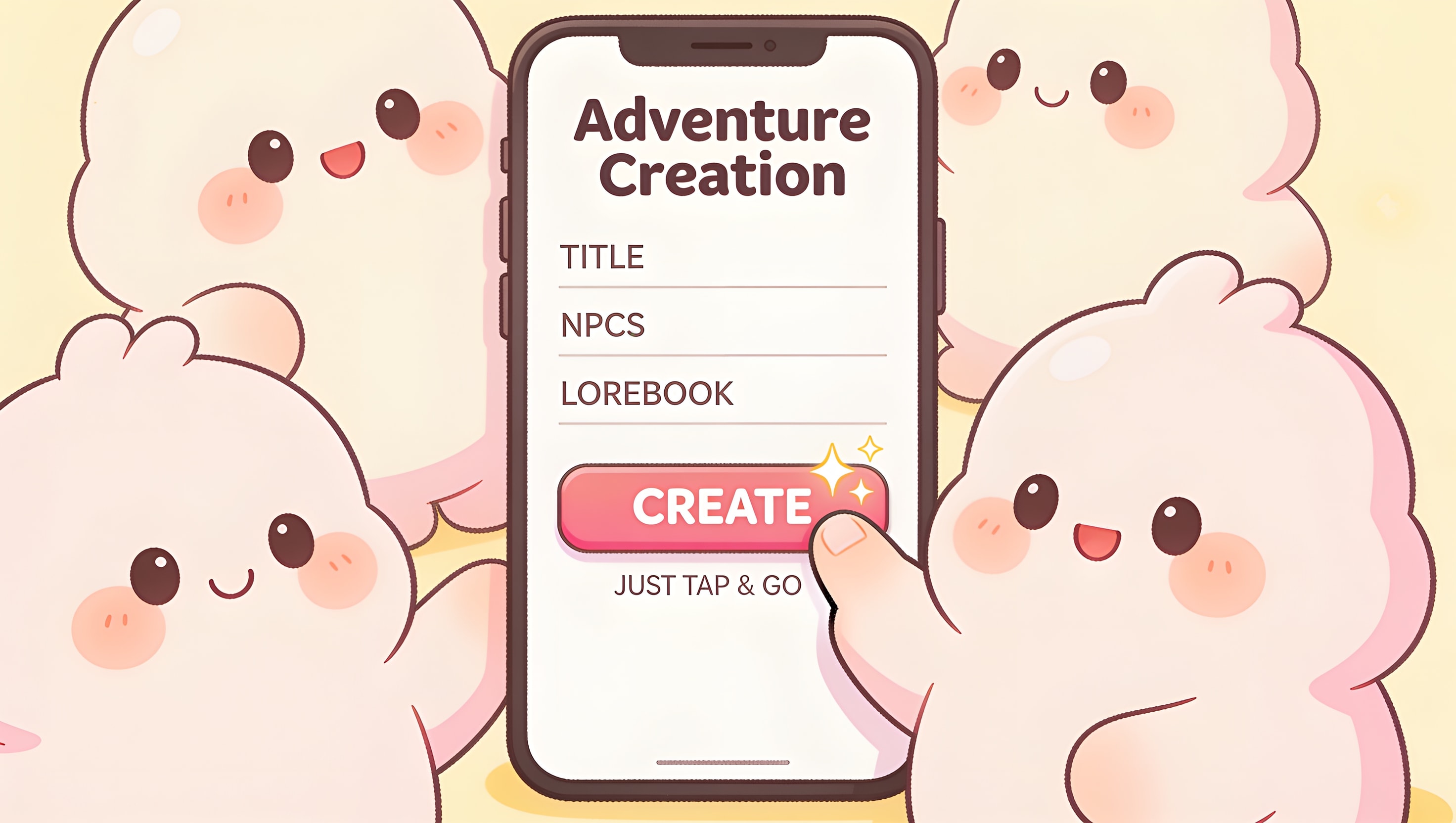 A cartoon of a phone screen showing a simple adventure creation form with Title, NPCs, Lorebook fields and a Create button being tapped, labelled Just Tap And Go, illustrating the easy mobile scenario creation flow