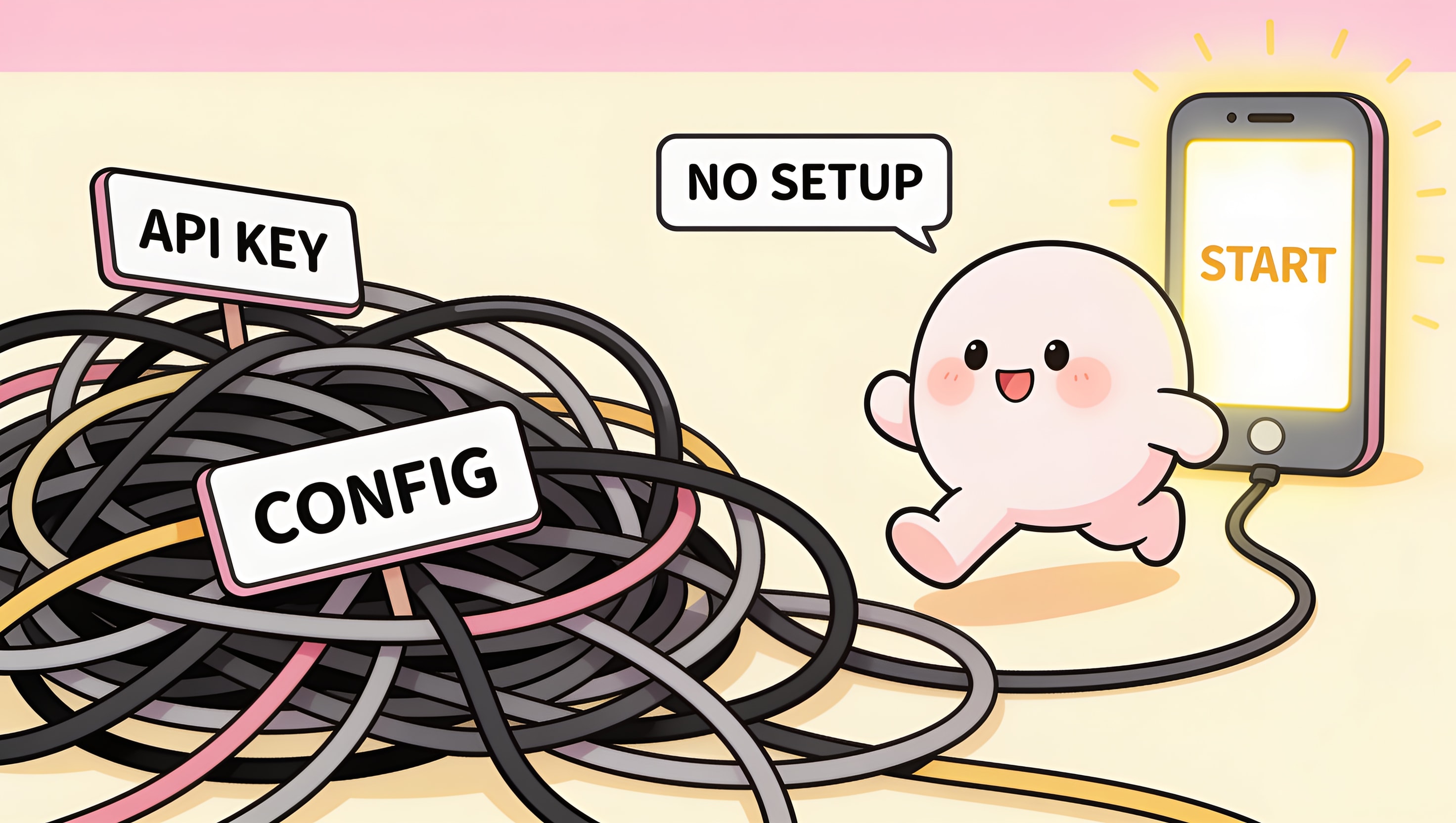 A cartoon of a character happily skipping past a tangle of API KEY and CONFIG cables straight to a glowing phone saying Start, labelled No Setup, illustrating that mobile AI adventure creation needs no technical setup