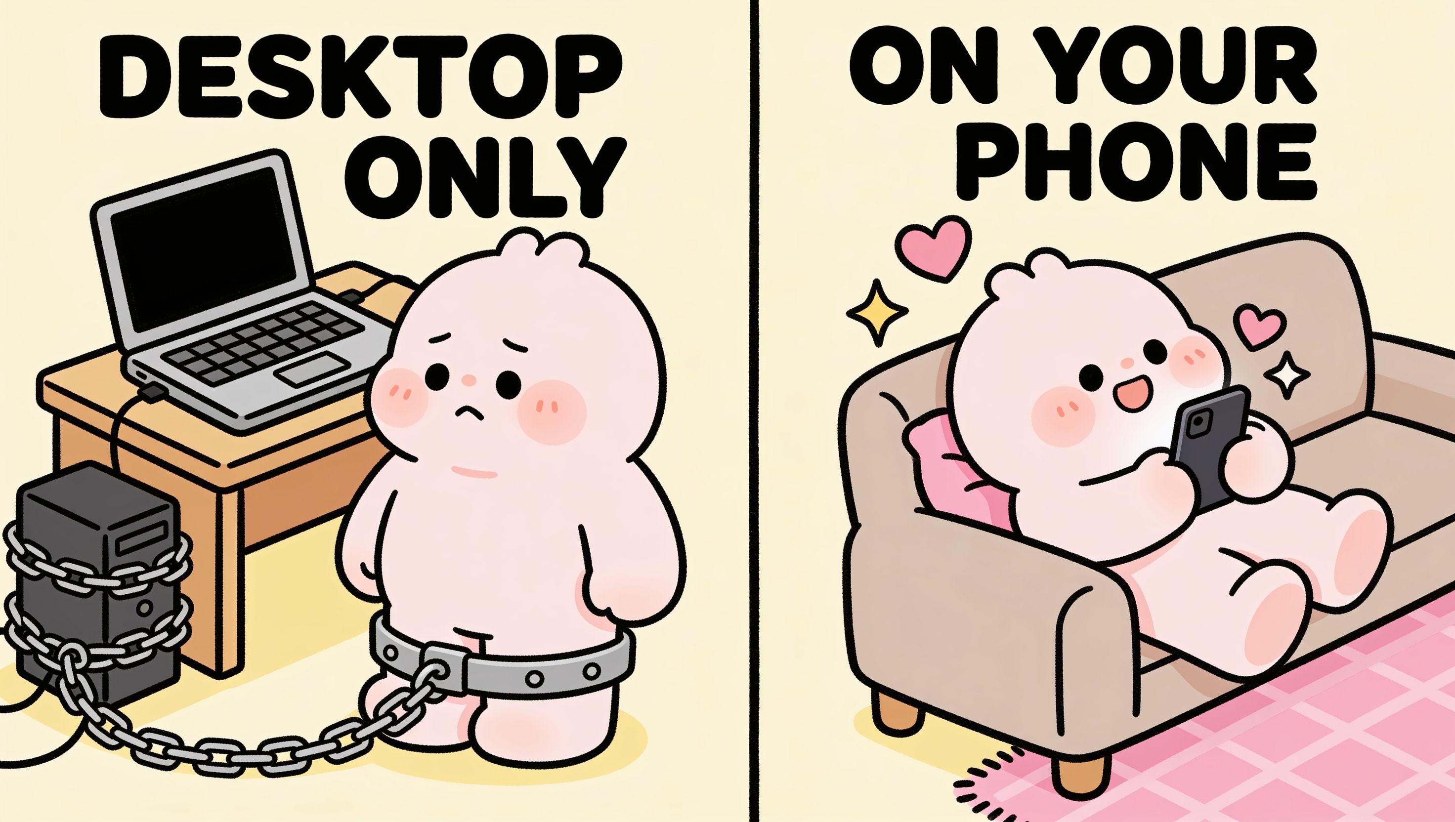 A two-panel cartoon: "Desktop Only" (a character chained to a desk with a laptop and cables) versus "On Your Phone" (the same character free on a couch with a phone), illustrating mobile-first adventure creation vs desktop-only competitors