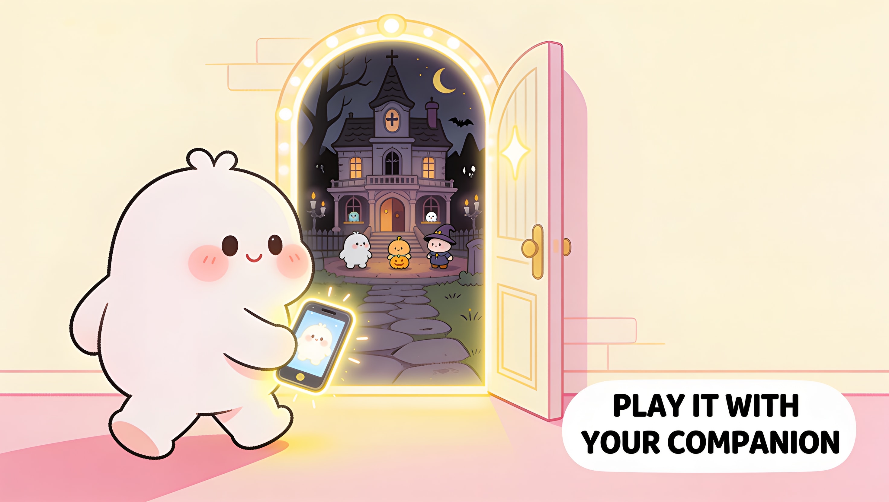 A cartoon of a player and their phone companion stepping through a glowing portal into a published adventure world full of NPCs, labelled Play It With Your Companion, illustrating that players experience shared scenarios with their own AI companion