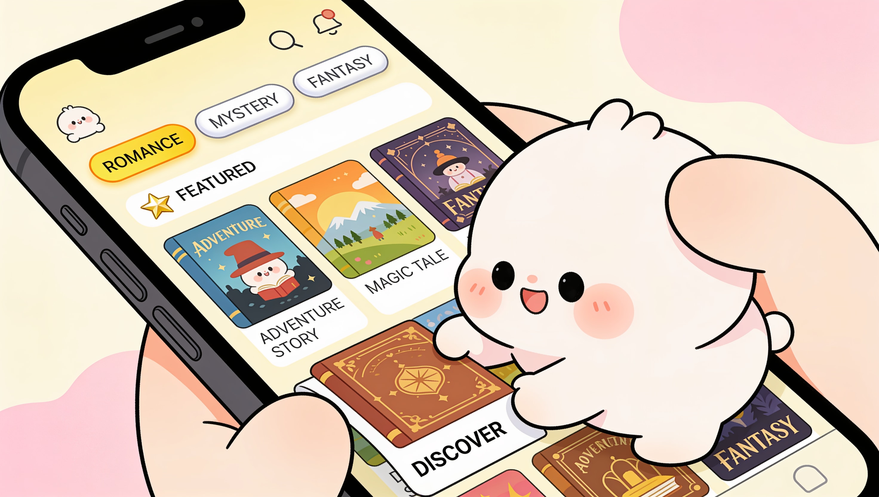A cartoon app browse screen of adventure cards with category filter pills (Romance, Mystery, Fantasy) and a Featured carousel, a character scrolling, labelled Discover, illustrating how players find published AI scenarios