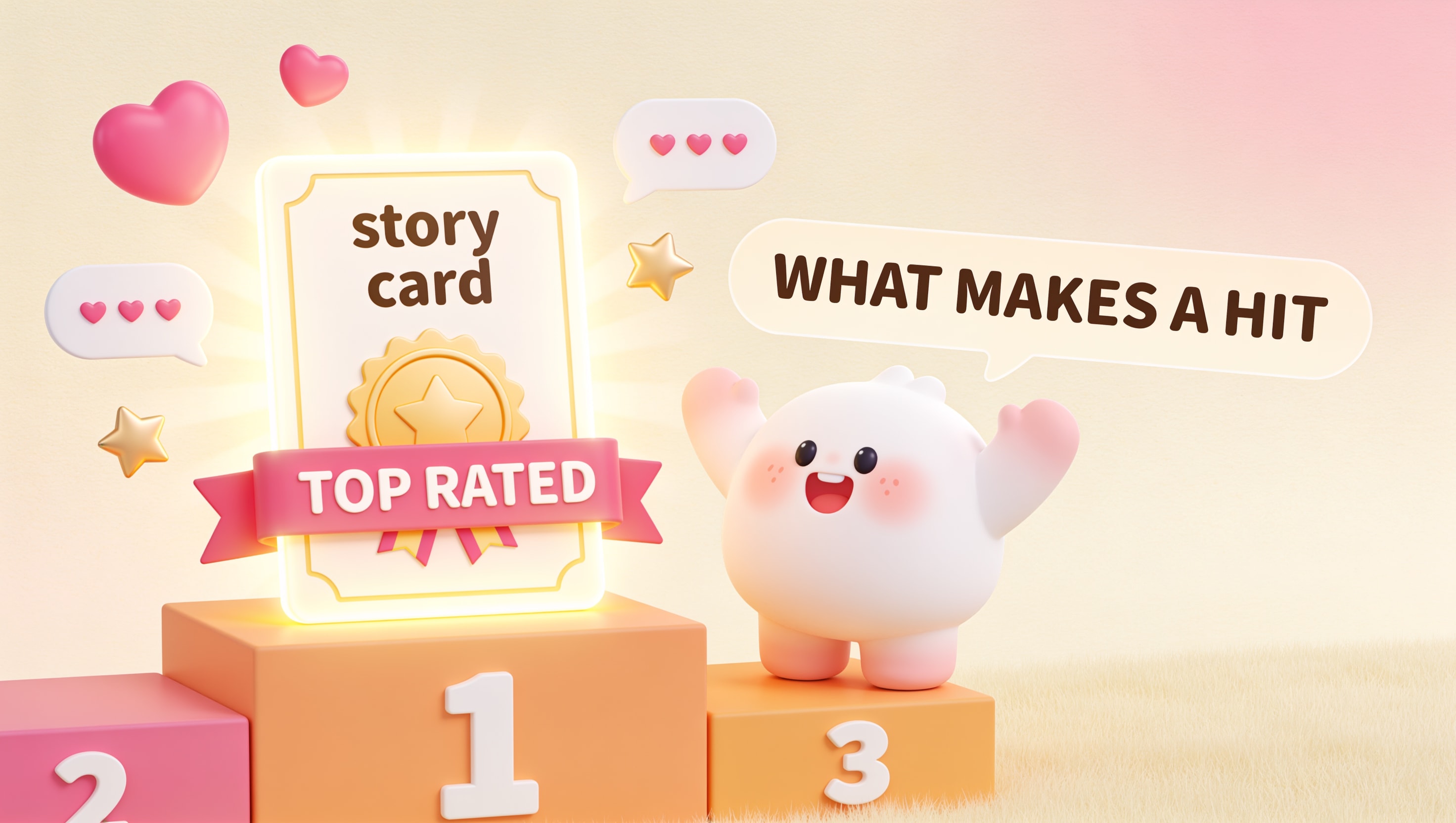 A cartoon of a top-rated adventure card on a podium surrounded by hearts, stars and comments with a cheering creator, labelled What Makes A Hit, illustrating what makes a published AI scenario popular