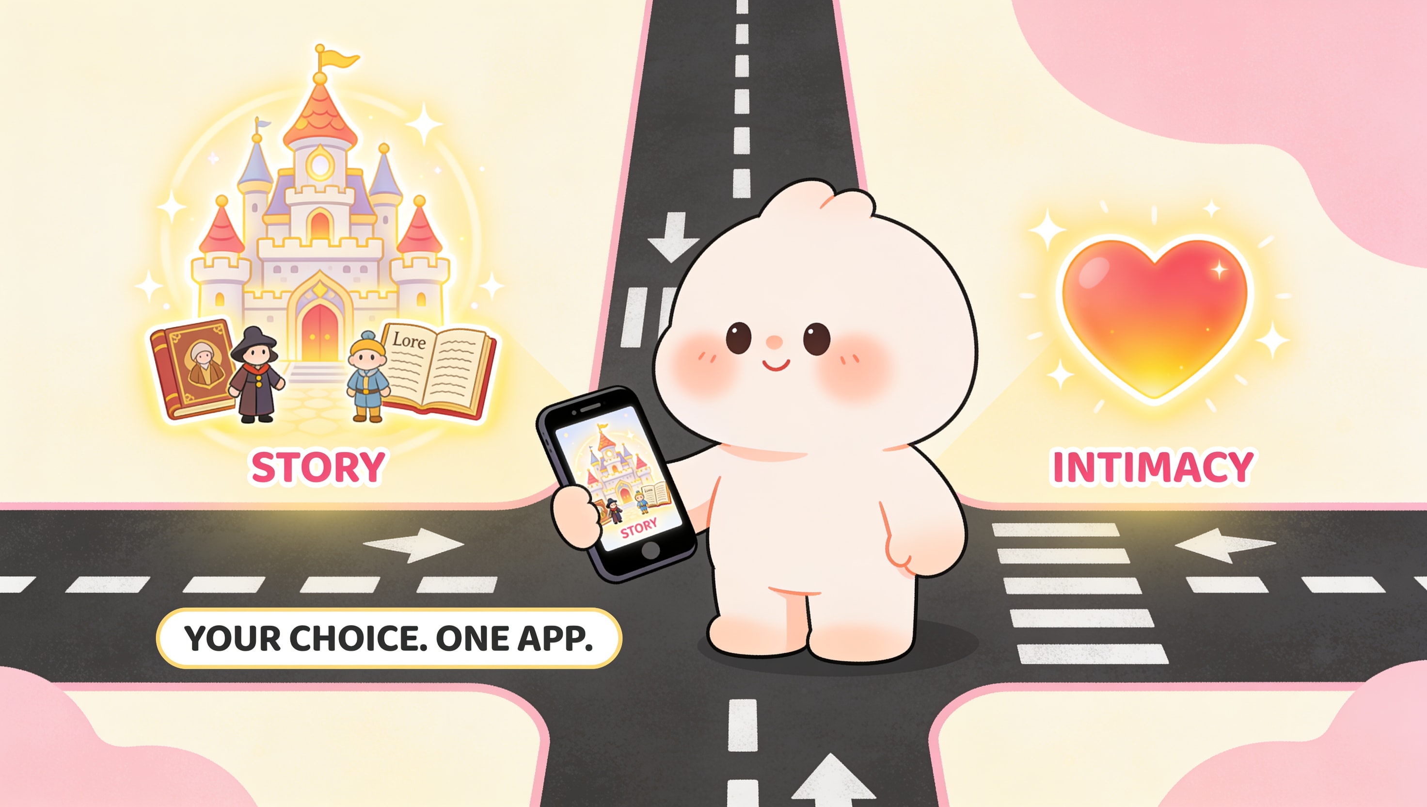 A cartoon of a single phone screen split between a story-world adventure on the left with castles and NPCs and intimacy symbols on the right, held by a character with a toggle switch, illustrating the freedom to explore both SFW worldbuilding and intimacy on one platform