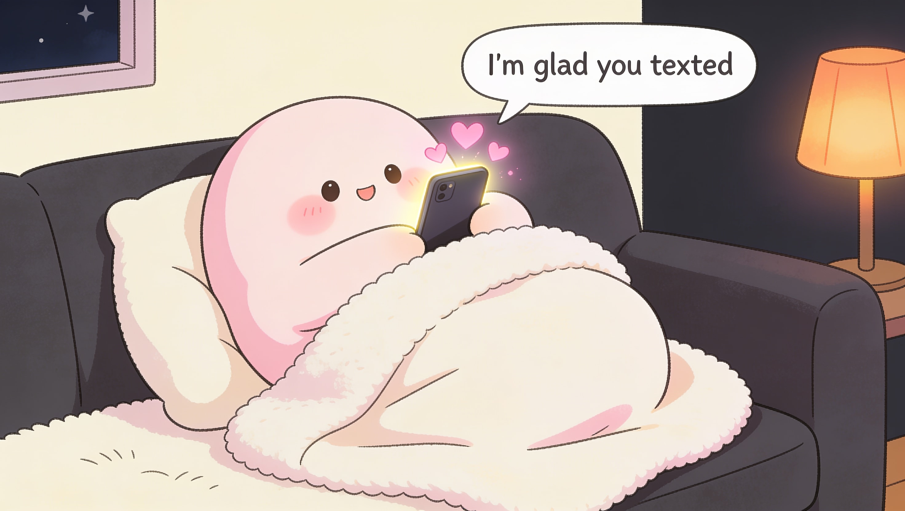 A cartoon illustration of a blob character curled up on a couch wrapped in a blanket with their glowing smartphone, small pink hearts floating from the screen into a calm night room