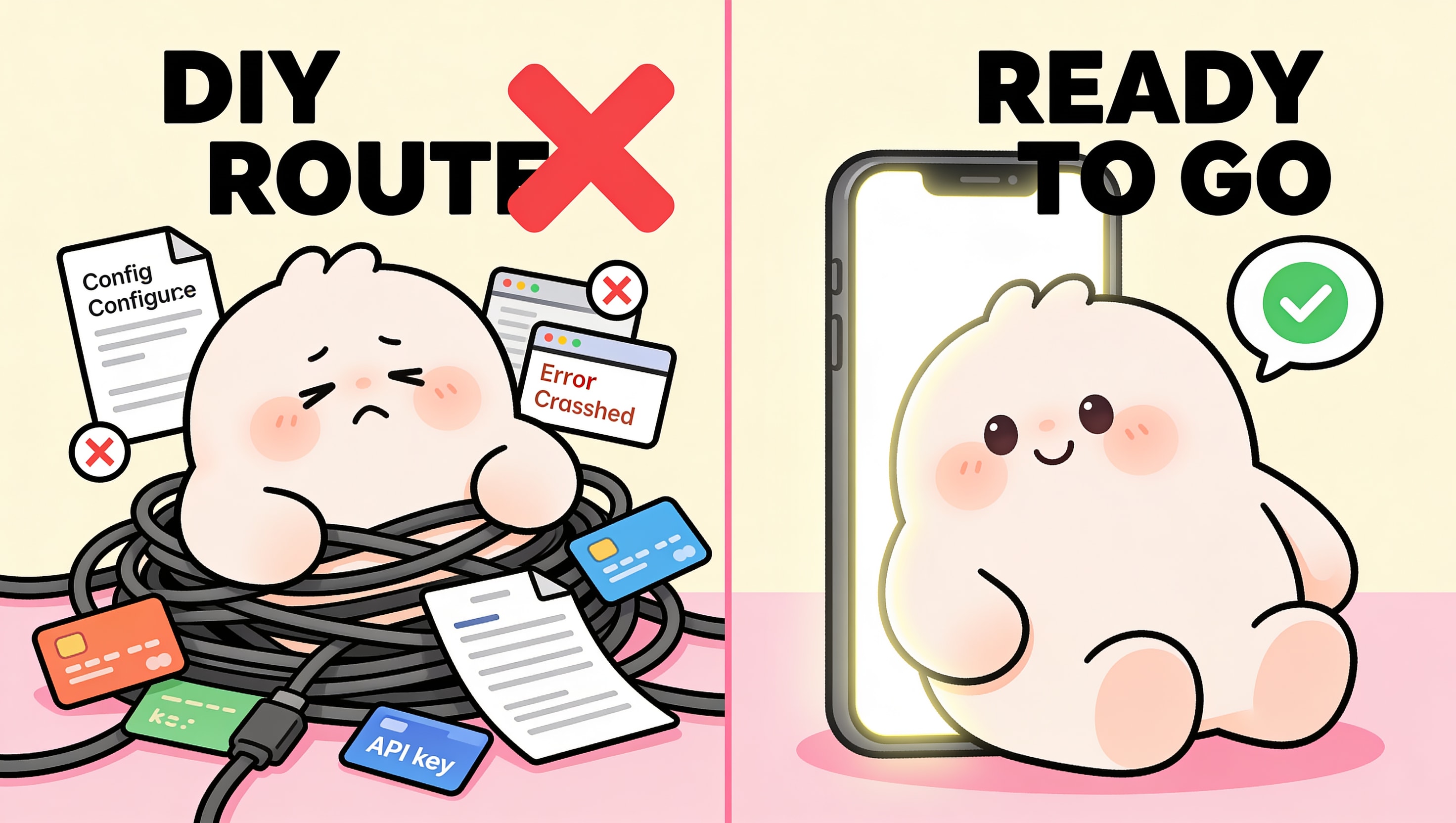 A cartoon split scene comparing the DIY route (a character tangled in cables and error messages) with a ready-to-go route on a clean phone, illustrating the difference between SillyTavern and OpenRouter setup and a turnkey platform