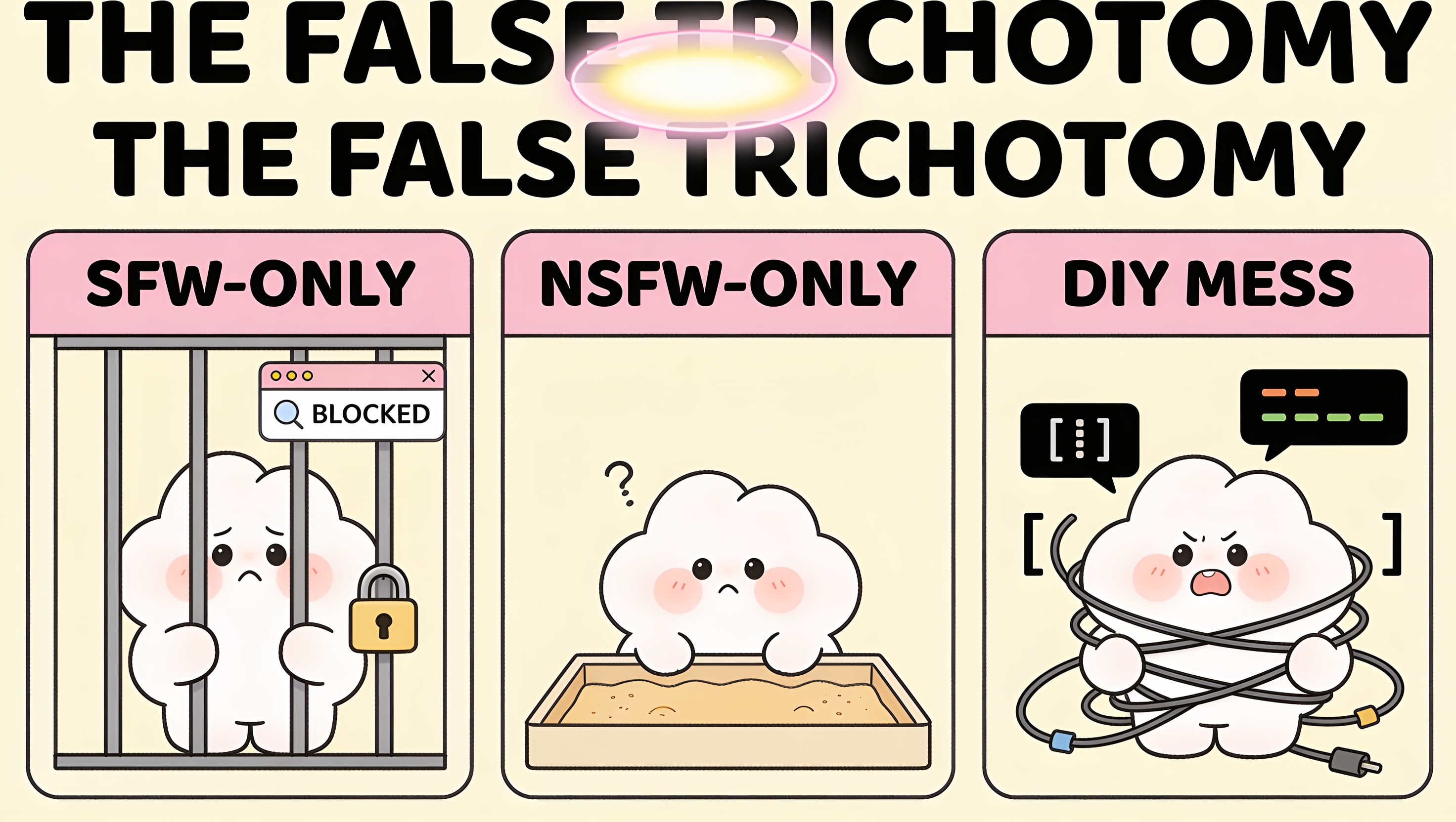 A cartoon illustration showing three blob characters each stuck in a labeled box: a SFW-only character behind bars with a lock, an NSFW-only character in a shallow sandbox, and a DIY character tangled in cables and JSON files, illustrating the three bad options the market forces