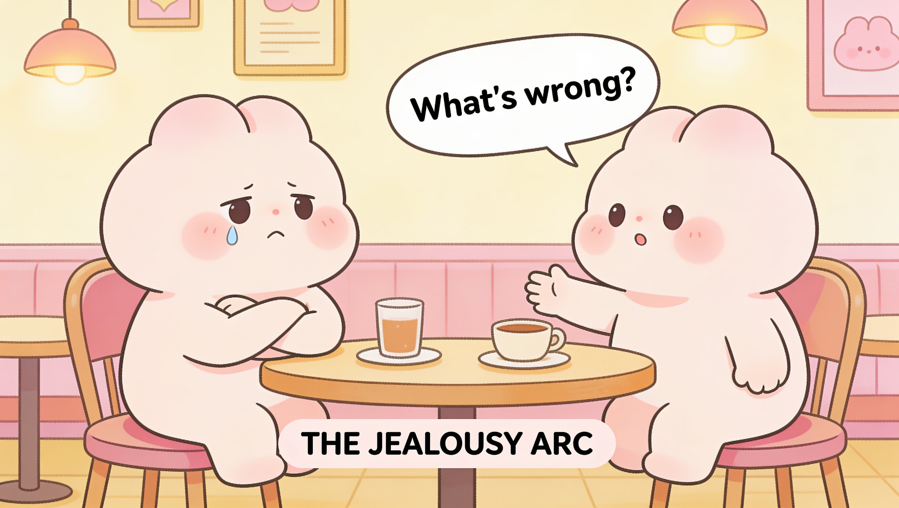 A cartoon illustration of two blob characters in a cozy café scene: one looking away with crossed arms and a tiny tear, the other reaching out with a speech bubble asking what's wrong, capturing the emotional tension of a jealousy arc
