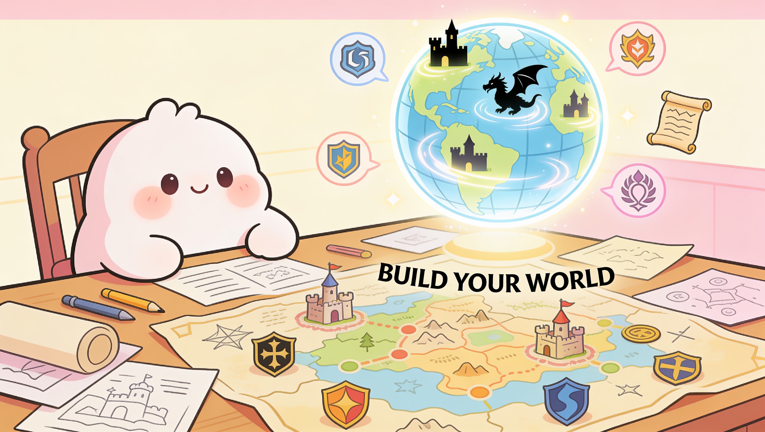 A cartoon illustration of a blob character sitting at a desk covered in maps and faction symbols, a glowing world globe floating above with tiny castle and dragon silhouettes inside, icons for clan wars and prophecy floating around