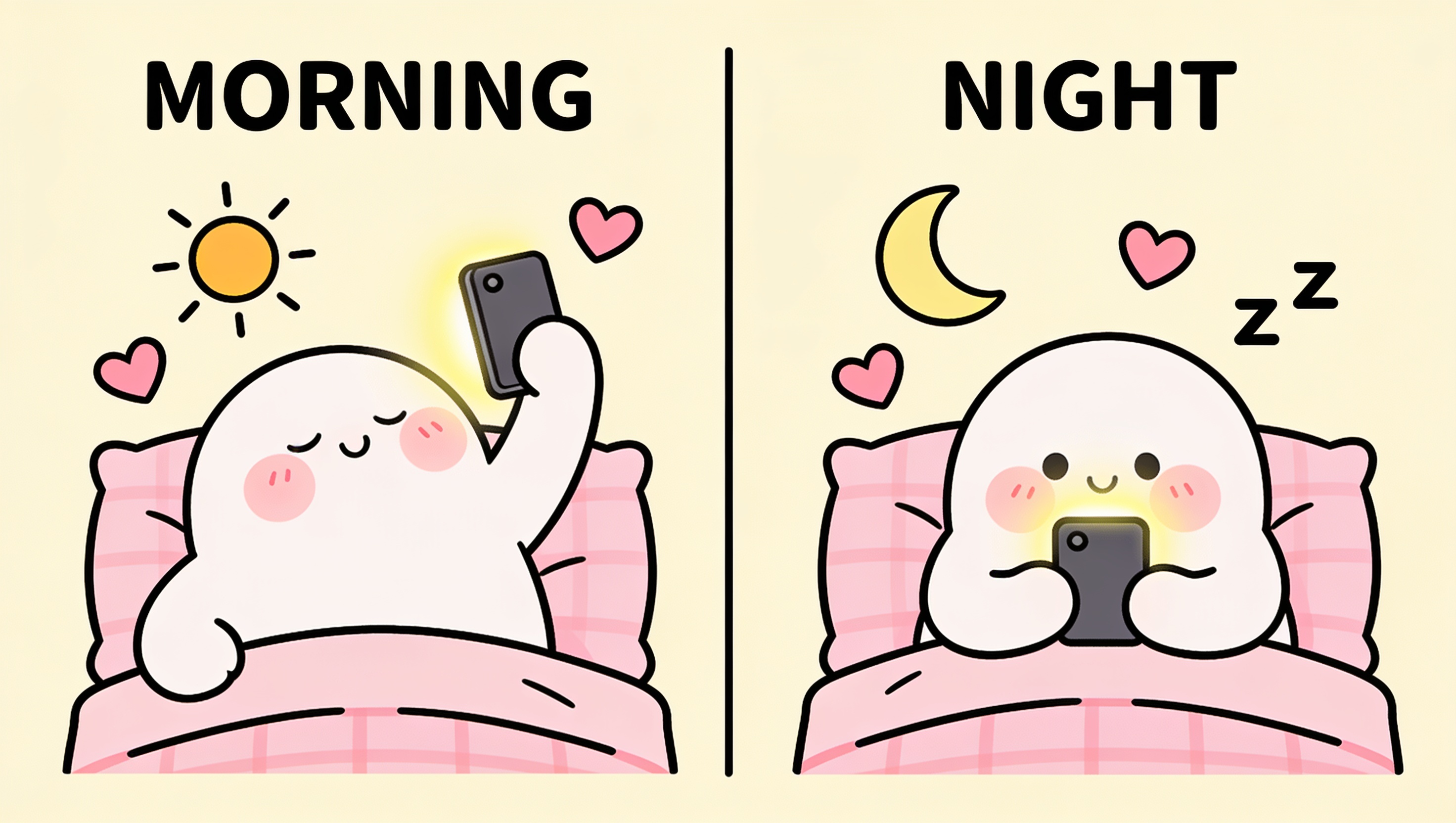 A two-panel 'Morning' and 'Night' cartoon of a character reaching for their phone in bed at both ends of the day, illustrating the morning and bedtime check-in rituals that dominate AI companion usage