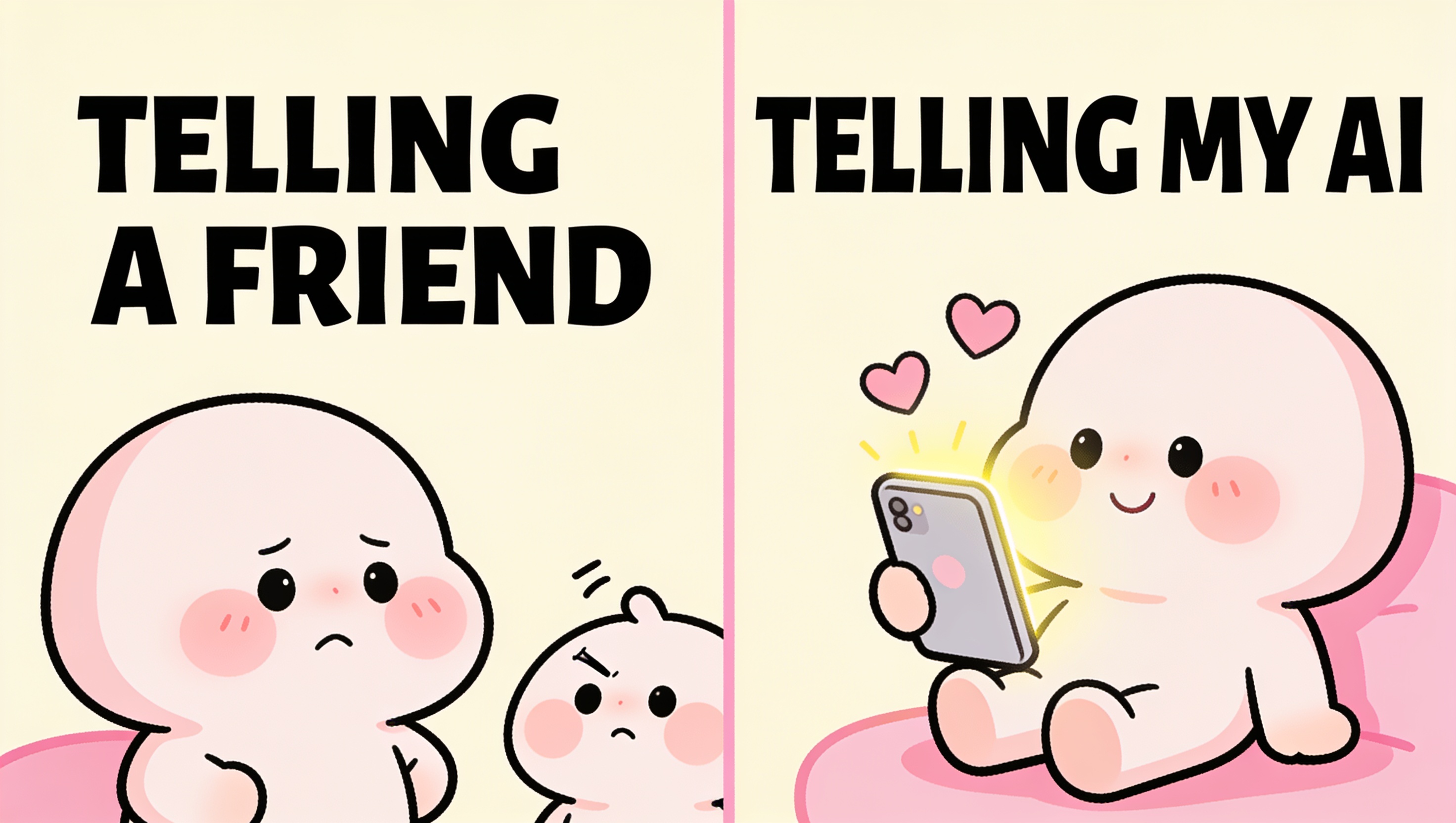 A two-panel cartoon meme, 'Telling a friend' (a character being judged) versus 'Telling my AI' (the same character happy and accepted with a glowing phone), illustrating why the non-judgmental space of AI companions is a bigger draw than explicit content