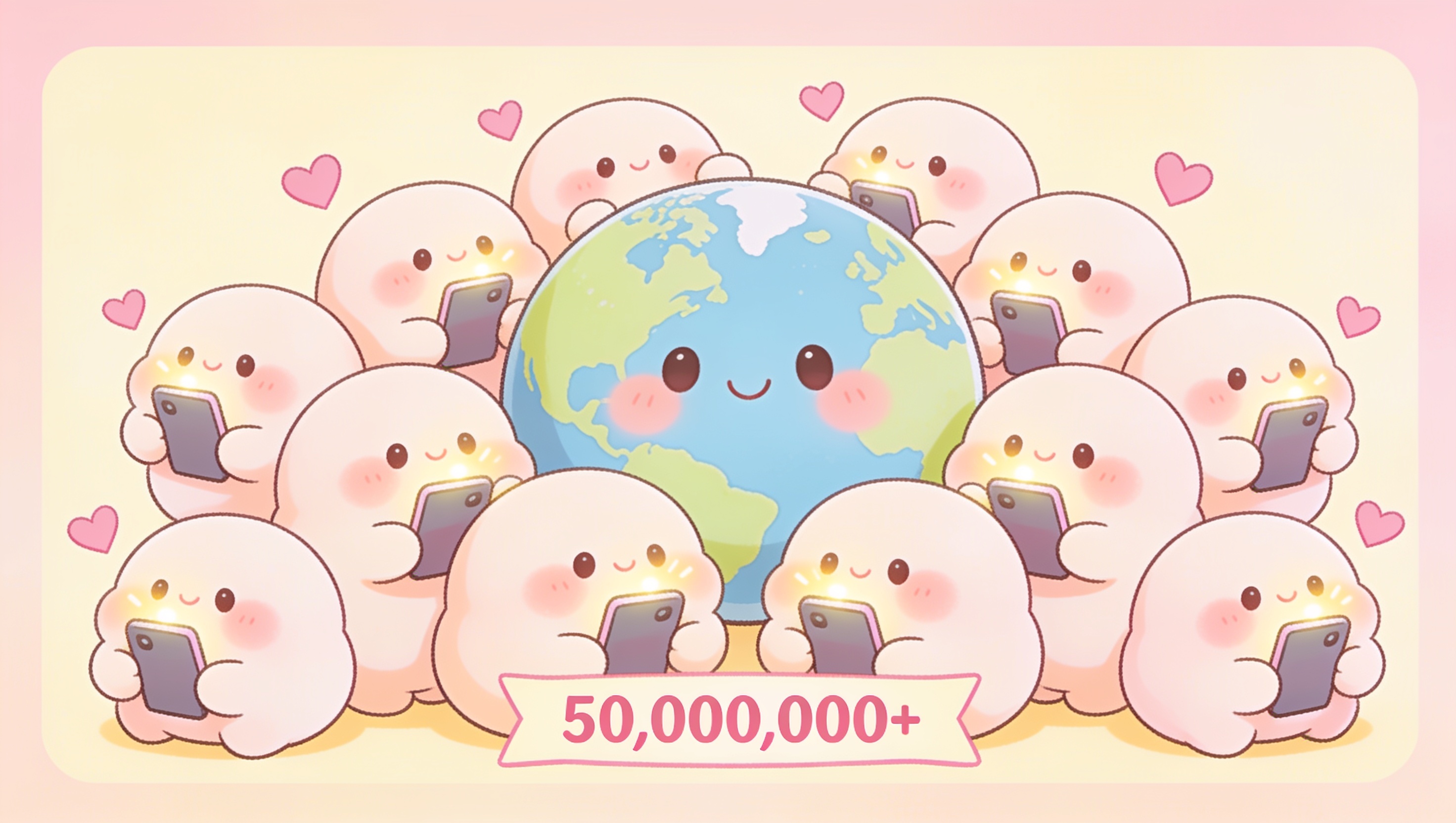 A cute cartoon of a globe ringed by little characters each cuddling a glowing phone with hearts, labelled 50,000,000+, illustrating the tens of millions of people worldwide who use AI companions
