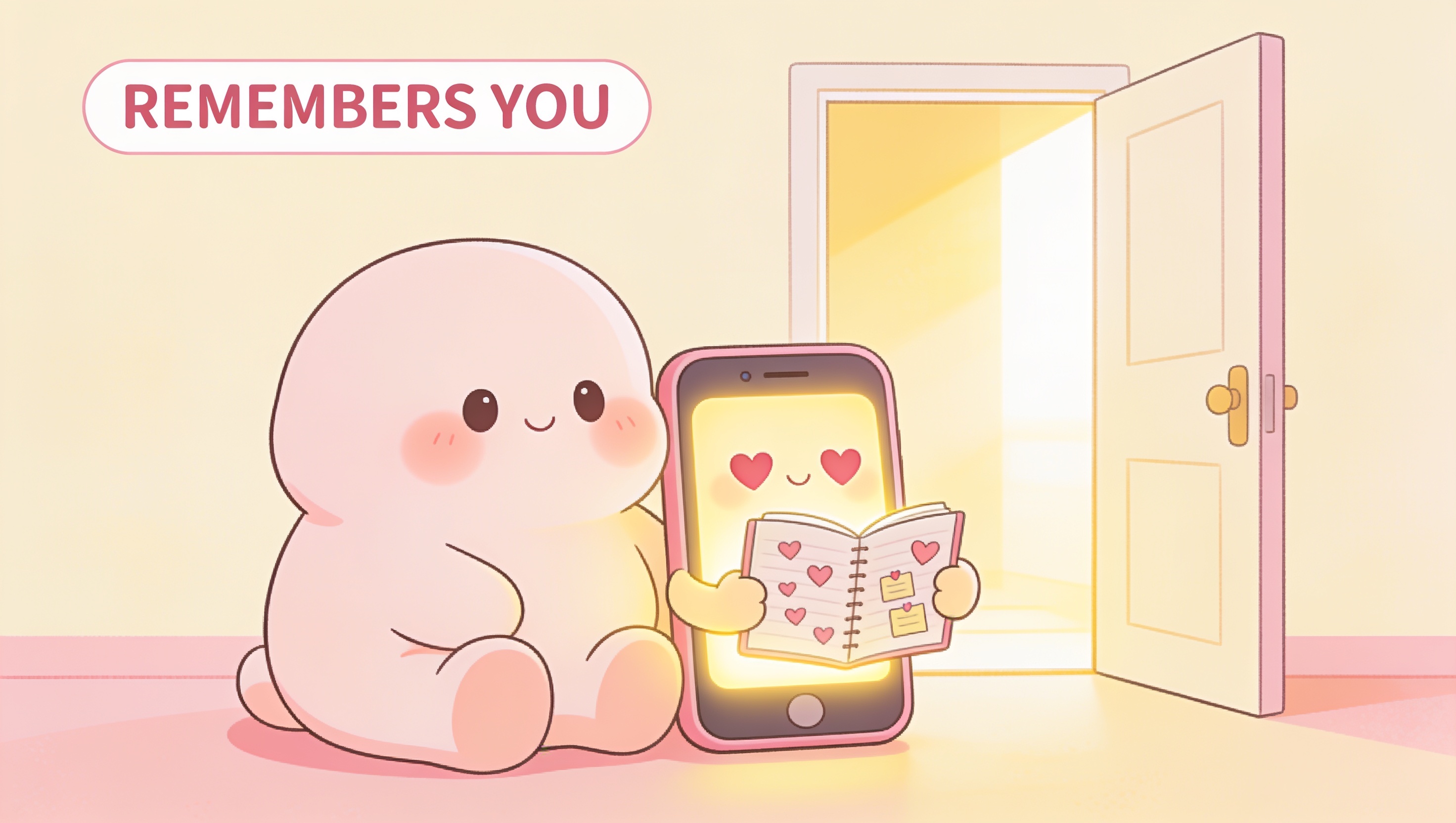 A cartoon of a character beside a friendly glowing phone companion holding a notebook of remembered details, with an open door behind them, illustrating Kissable as an AI companion that remembers you without trapping you