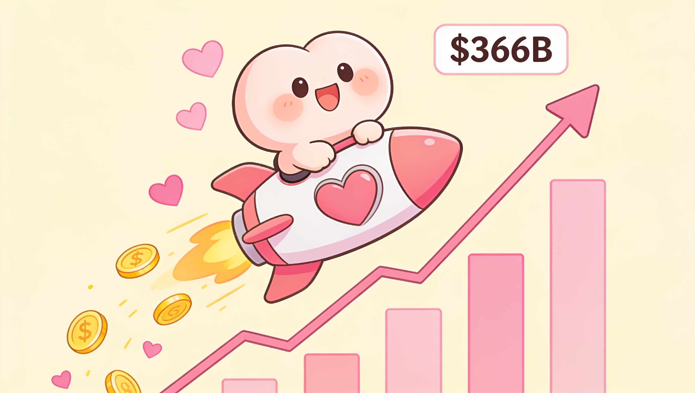 A cartoon of a happy character riding a heart-shaped rocket up a soaring chart labelled $366B, illustrating the explosive growth of the AI companion market