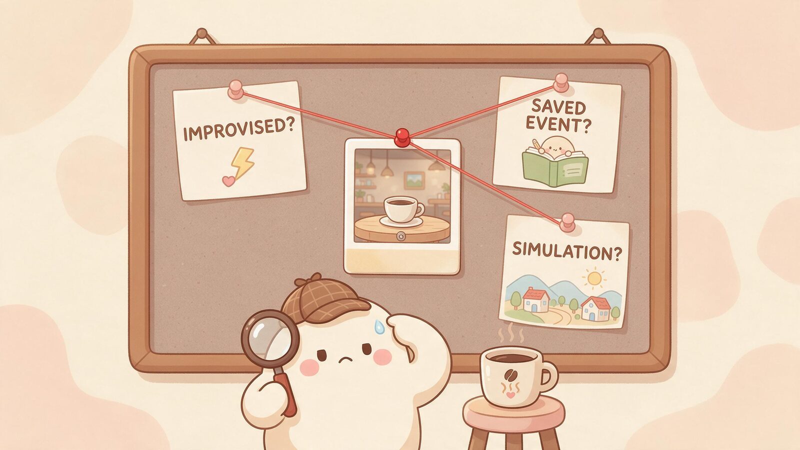 Cream blob detective puzzling over a corkboard linking a café polaroid to three suspects (improvised, saved event, simulation), showing one sentence can't reveal an AI's architecture.
