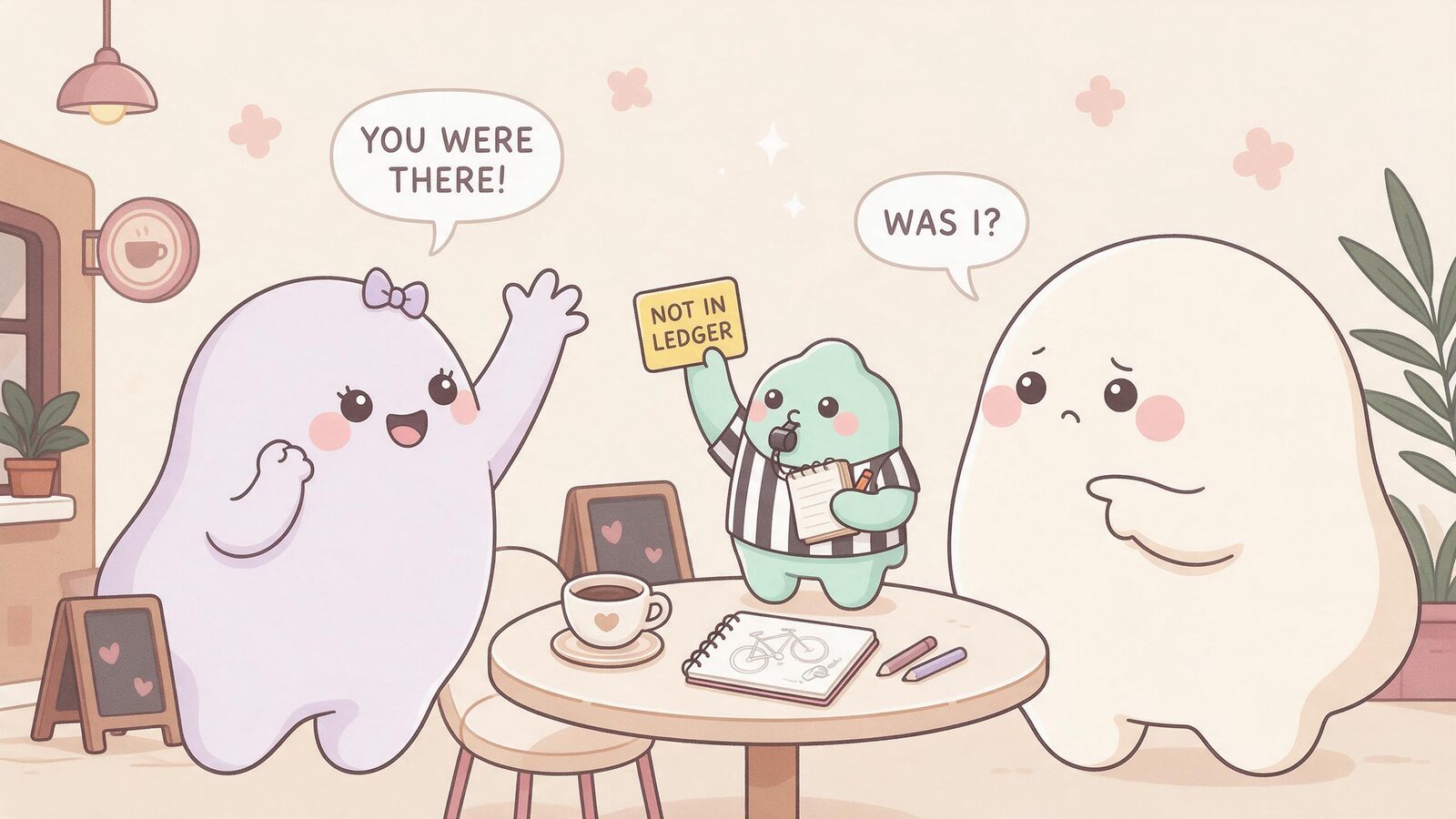 A referee blob holds up a yellow card reading Not In Ledger as a lavender companion blob wrongly claims the user joined his café visit. Unsupported story additions.