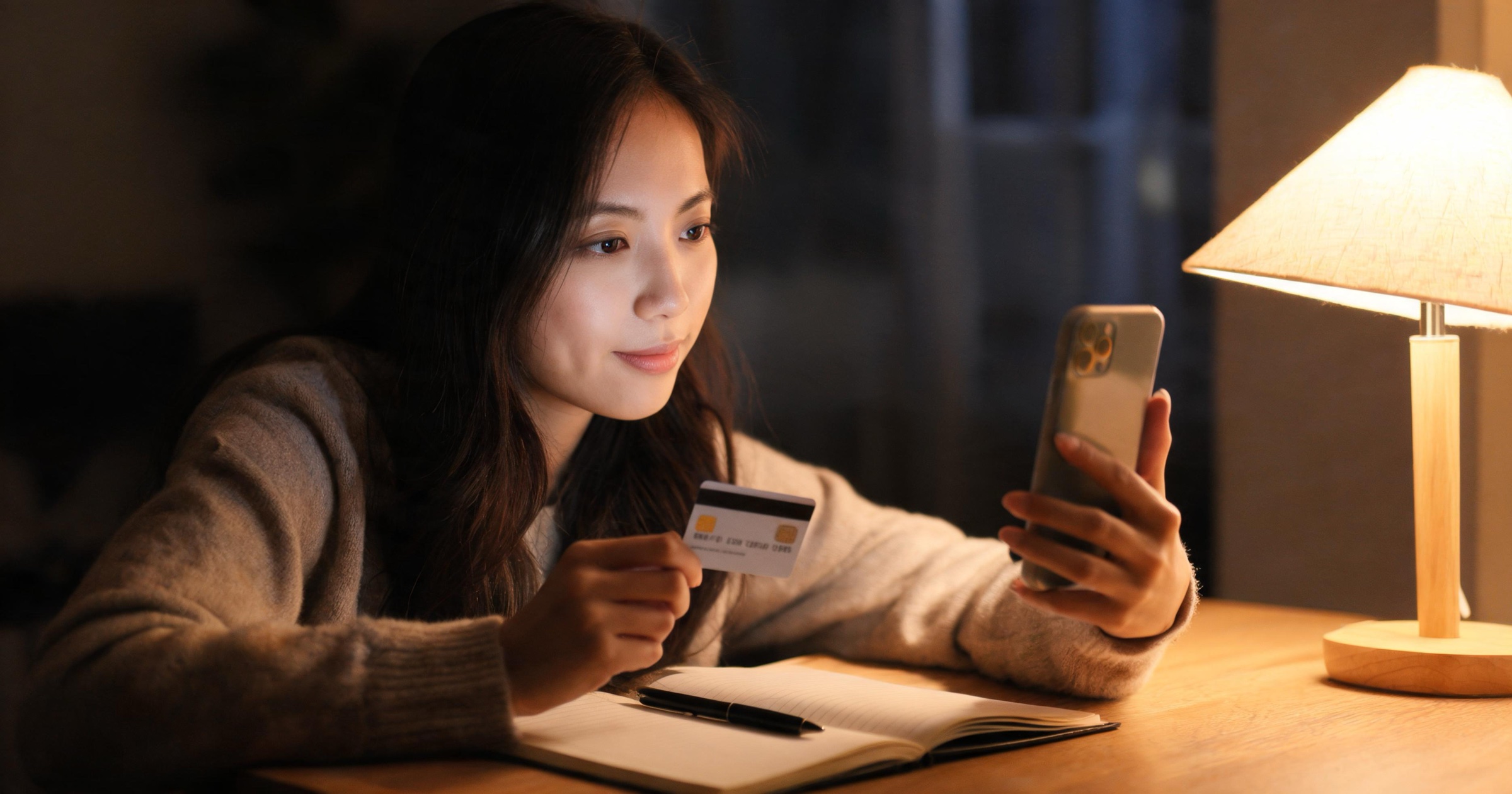 Woman at an evening desk comparing AI boyfriend app subscriptions on her phone, bank card in hand