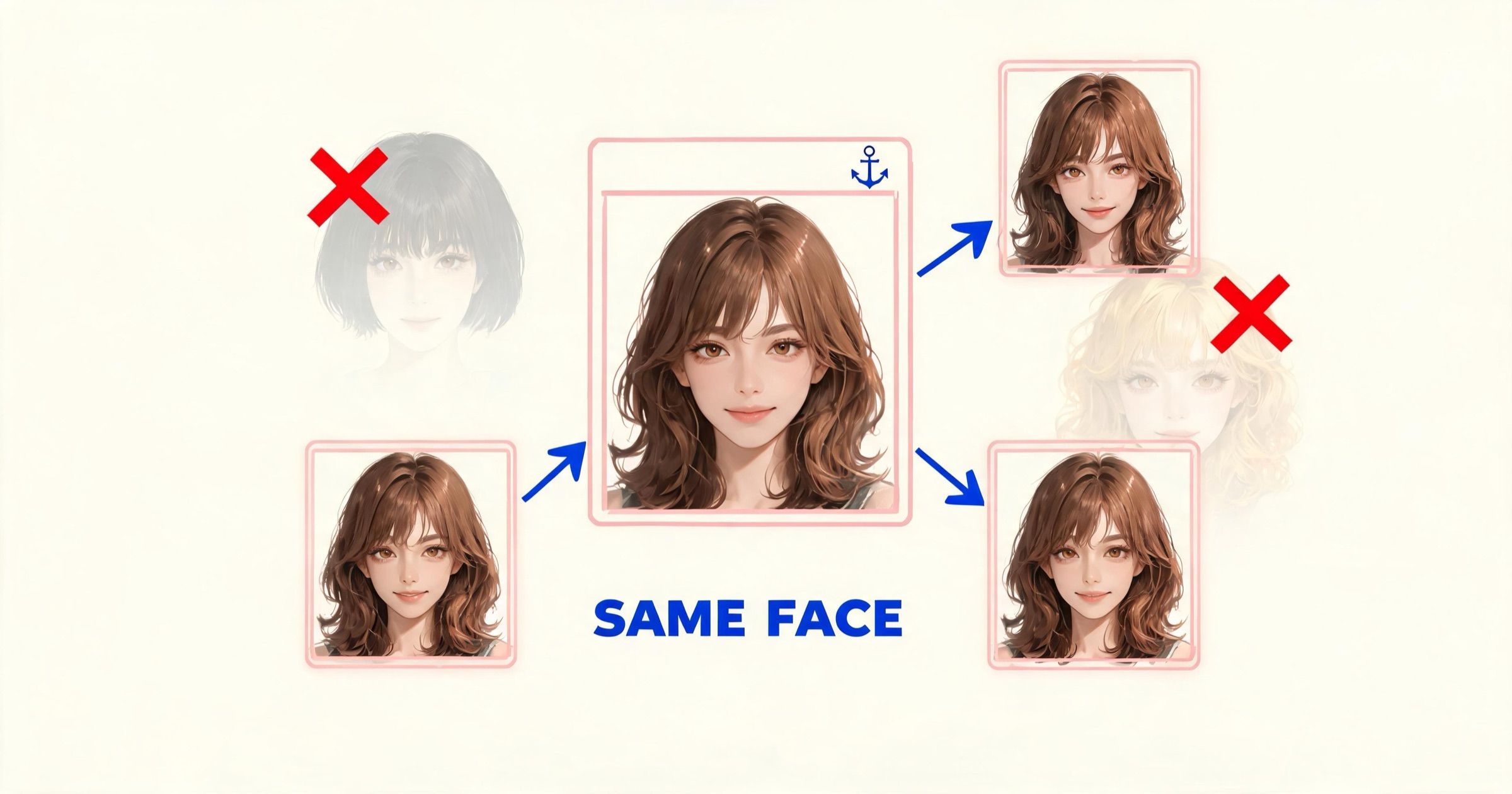 Illustration of a reference portrait anchoring multiple AI selfies to keep the same face consistent