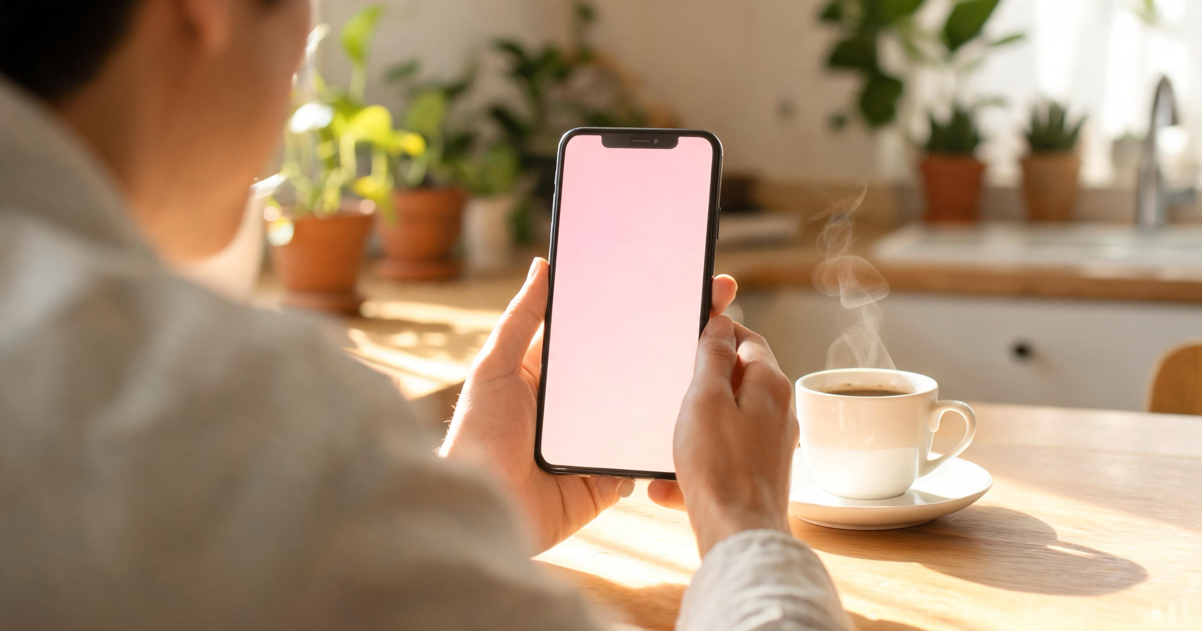 Hands holding a phone with a companion setup screen at a sunlit kitchen table with fresh coffee