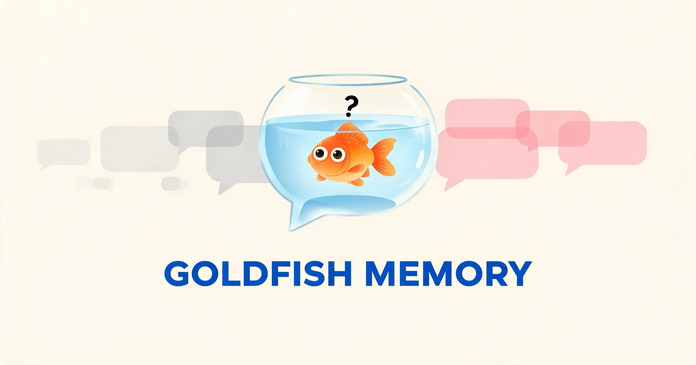 Goldfish-memory meme showing old chat messages sliding out of an AI's context window