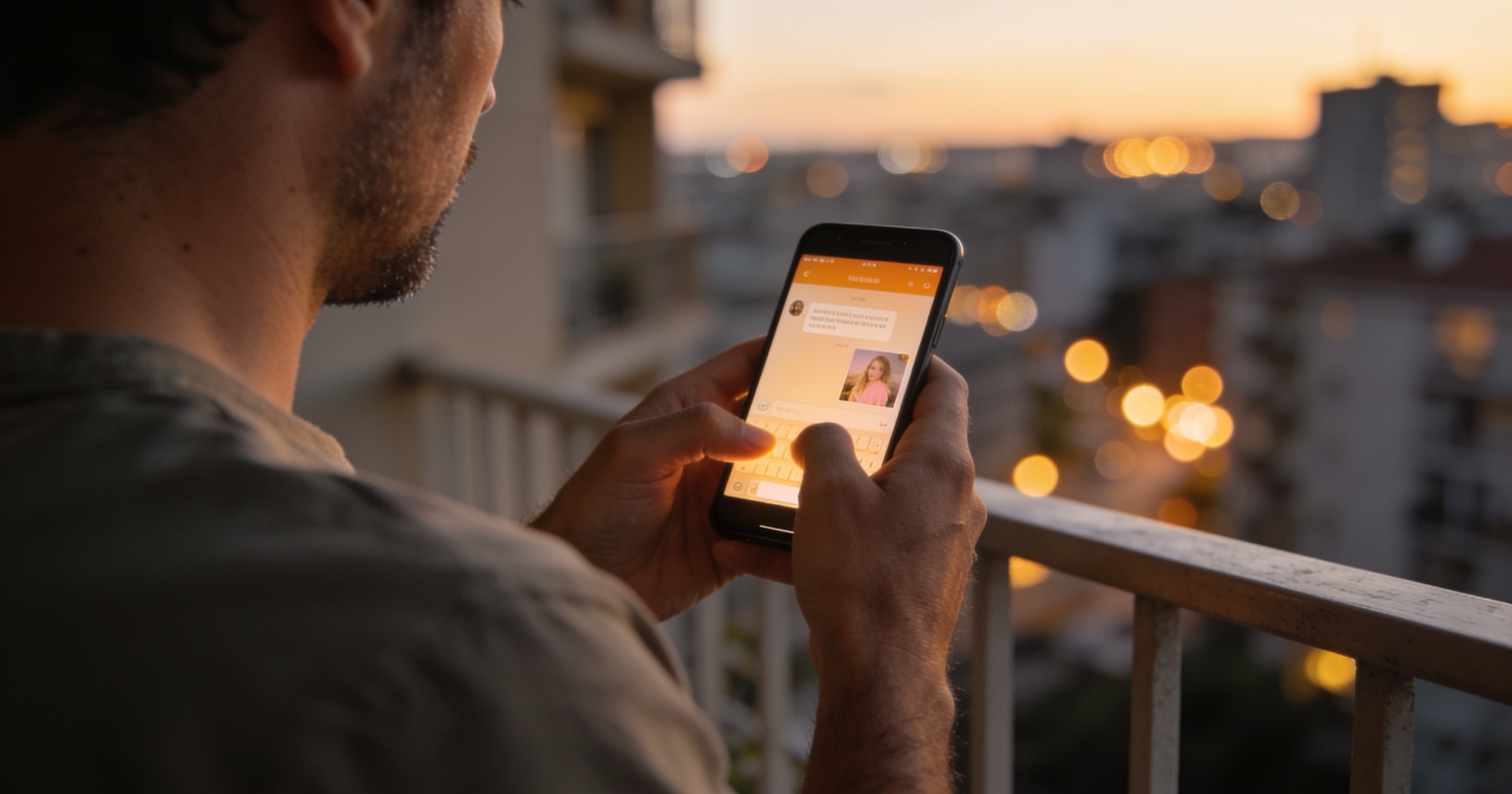Man typing on his phone on an apartment balcony at dusk with city lights blurred beyond the railing
