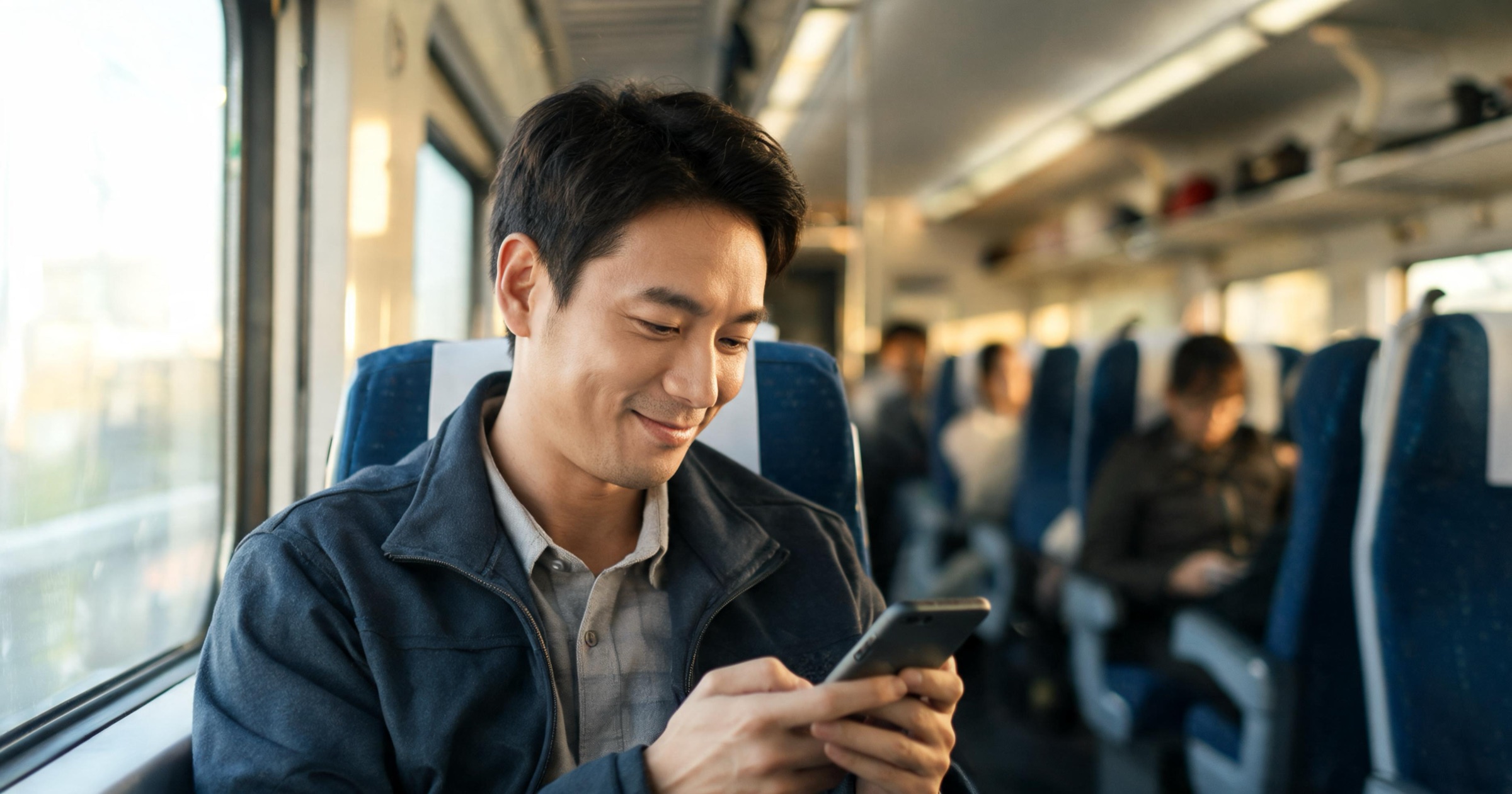 Ordinary man on a commuter train glancing at his phone with a faint smile, other passengers blurred behind him