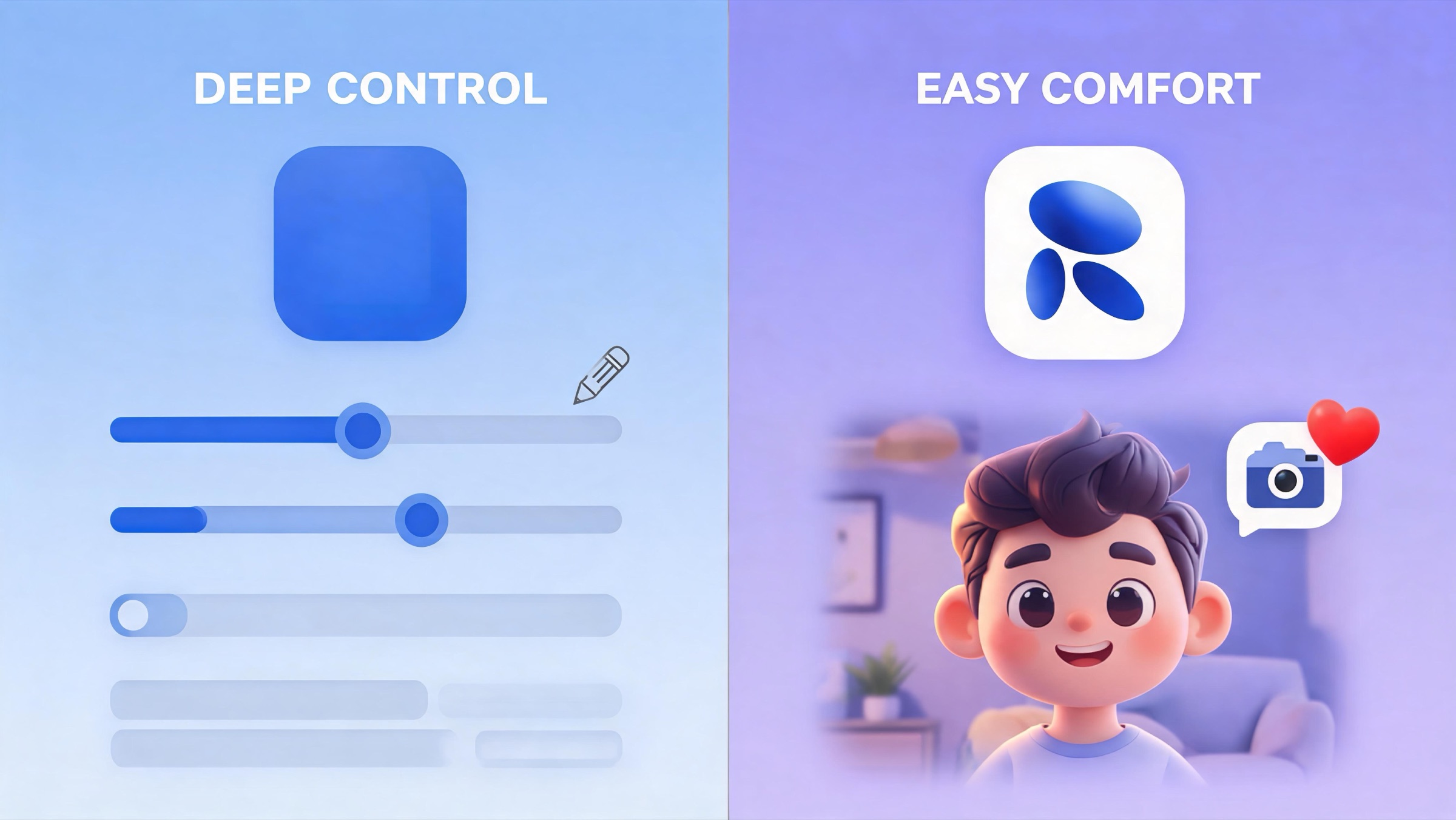 Side-by-side diagram comparing Kindroid's deep customization sliders against Replika's plug-and-play 3D avatar and AR emotional support