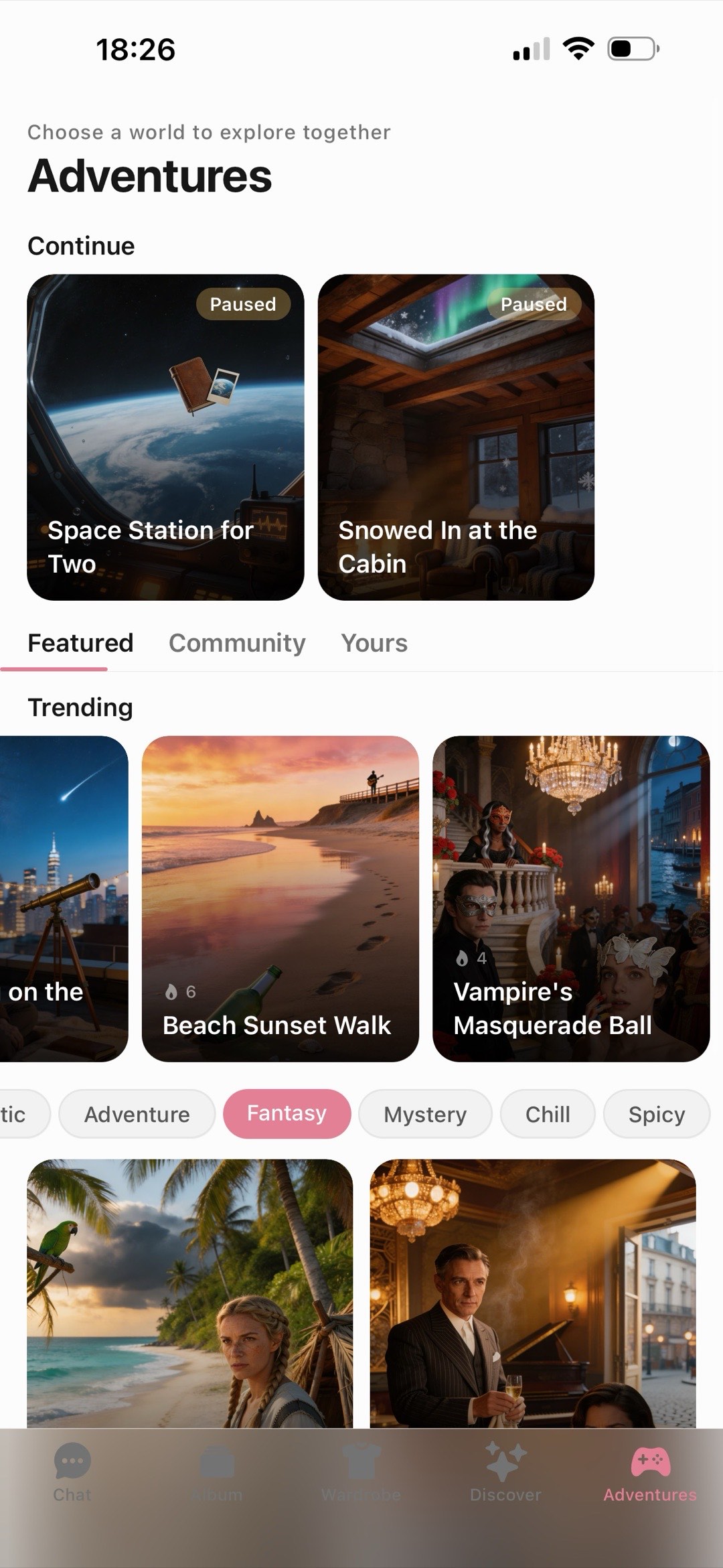 The Kissable Adventures tab, with featured and community scenarios, trending picks, and paused stories waiting mid-scene