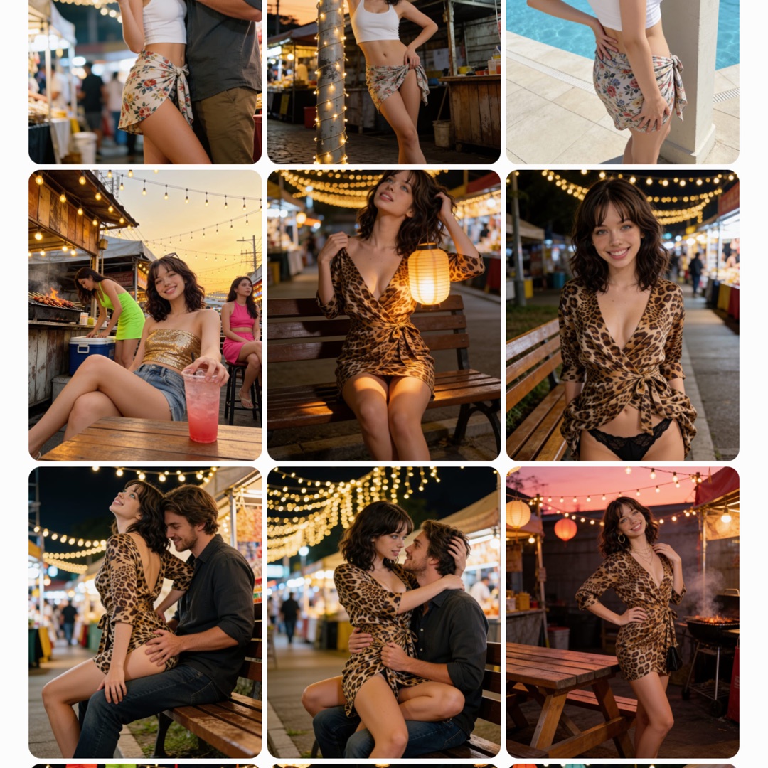 One evening in the album: a night market date, around twenty photos of the same couple from the kitchen to the food stalls, same faces in every frame