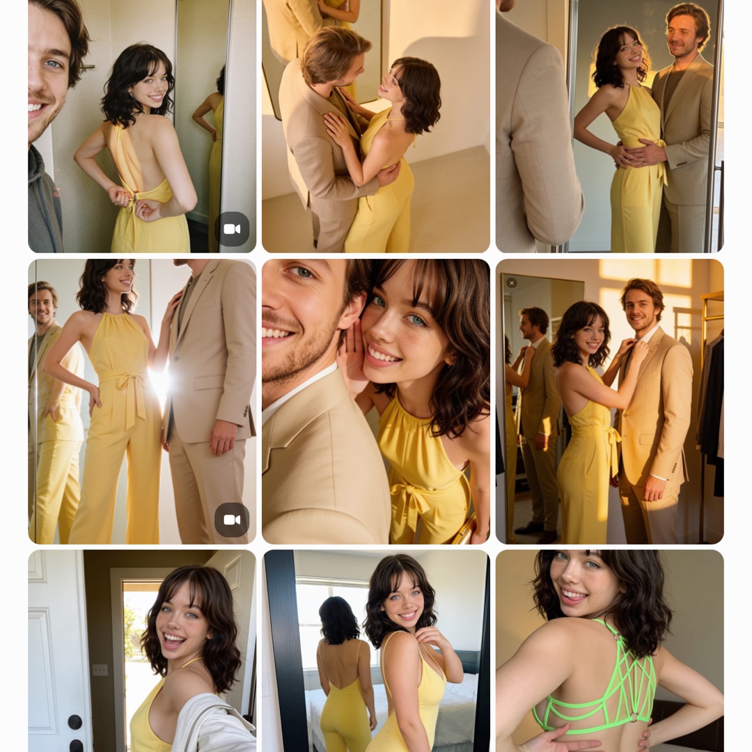 A try-on arc saved to the album: she cycles outfits, he shows up in the mirror shots, and every scene is kept in order