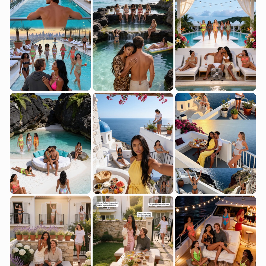 Volume and continuity at once: a vacation arc in the album, motorbike ride to pool party to Santorini, the same faces across every frame
