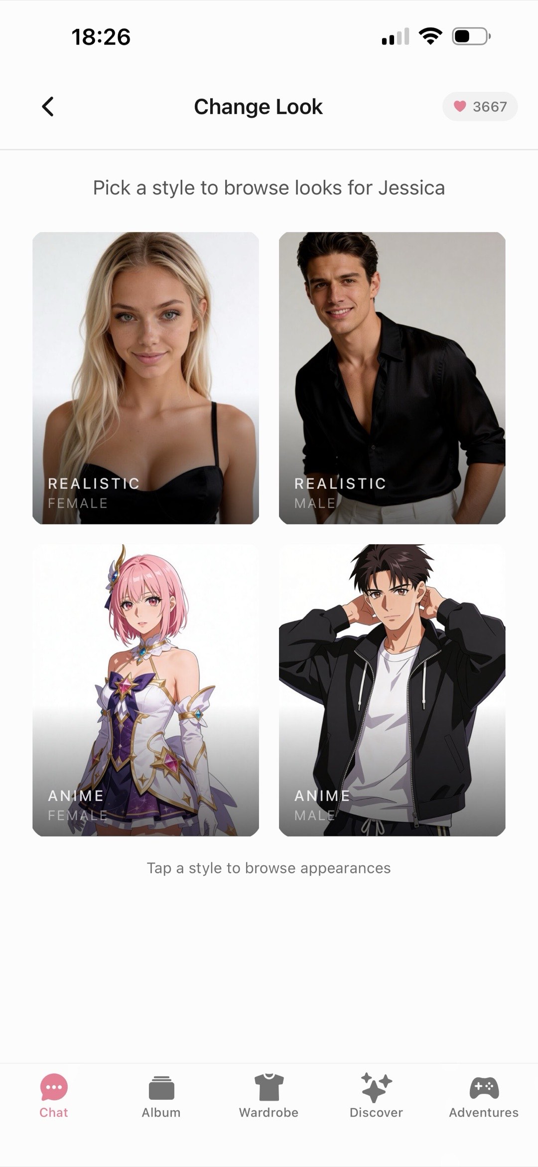 Kissable's Change Look screen: pick Realistic Female, Realistic Male, Anime Female, or Anime Male, then dial in the details