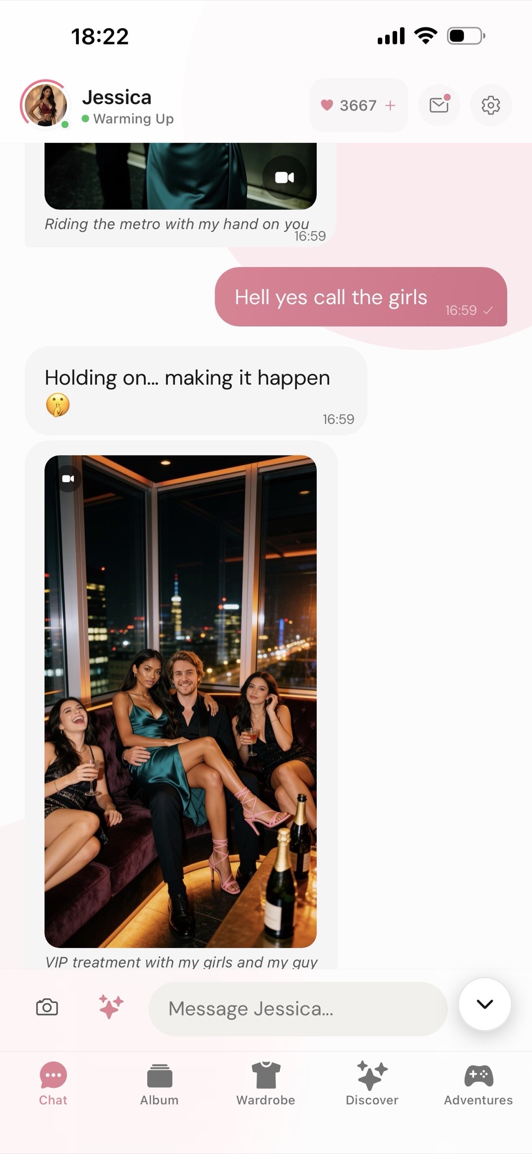 A Kissable chat with captioned photos and video markers, her crew piling into the rooftop scene in real time