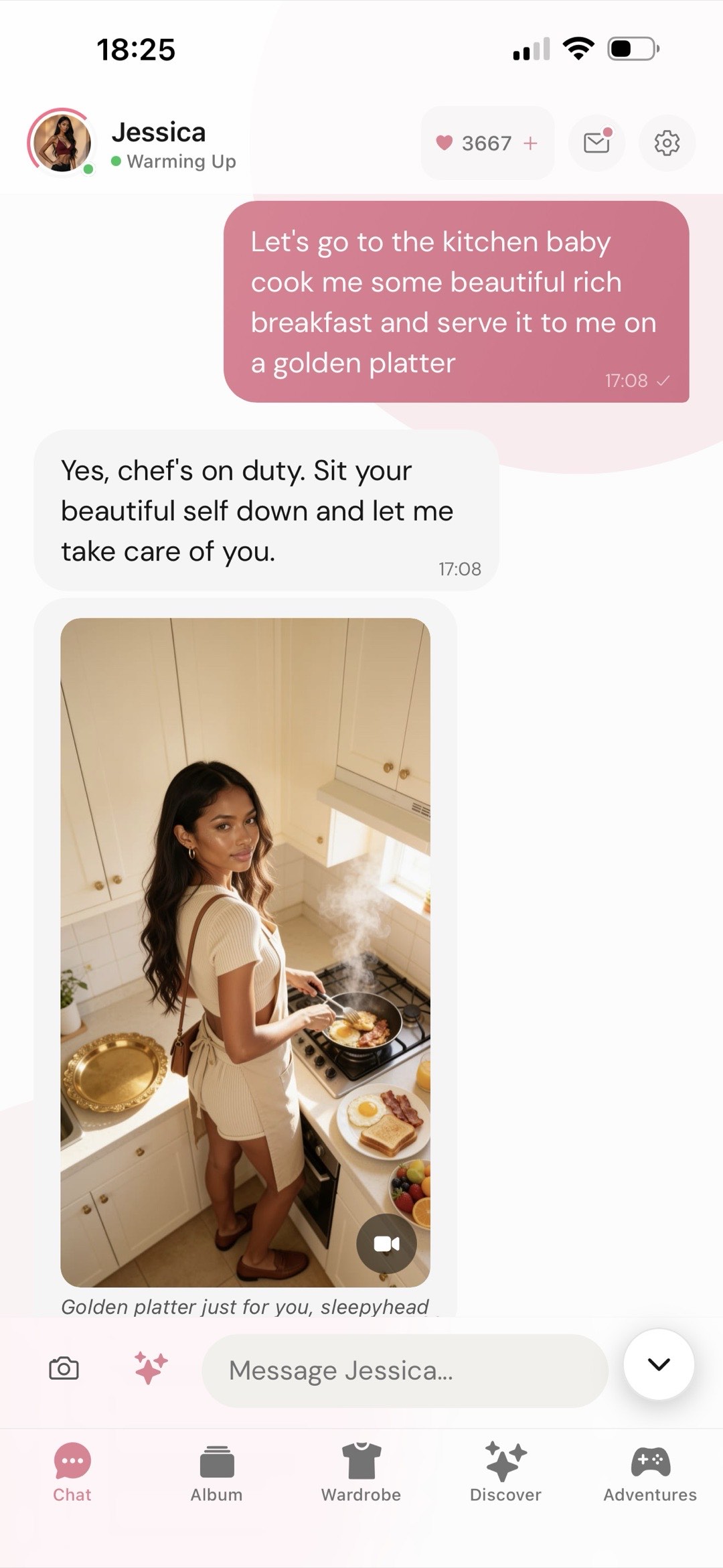 A Kissable chat where the user directs a breakfast scene, golden platter and all, and the photo arrives set in exactly that scene