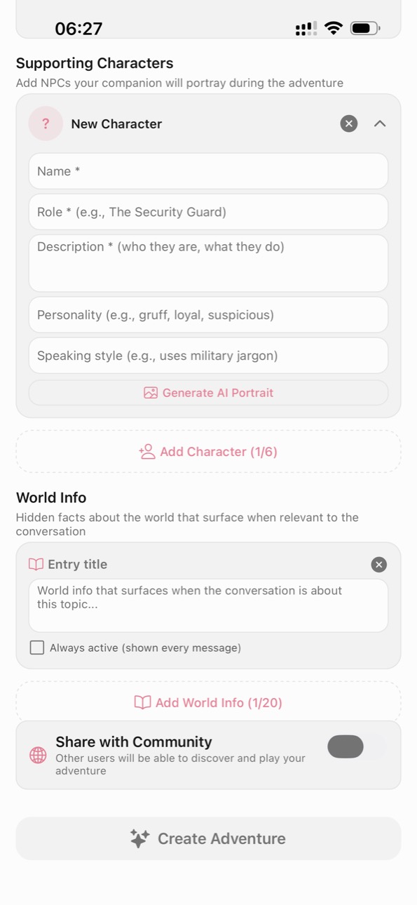 The Kissable adventure editor: a World Info entry with an "Always active" toggle, sitting under the supporting-character fields for personality and speaking style