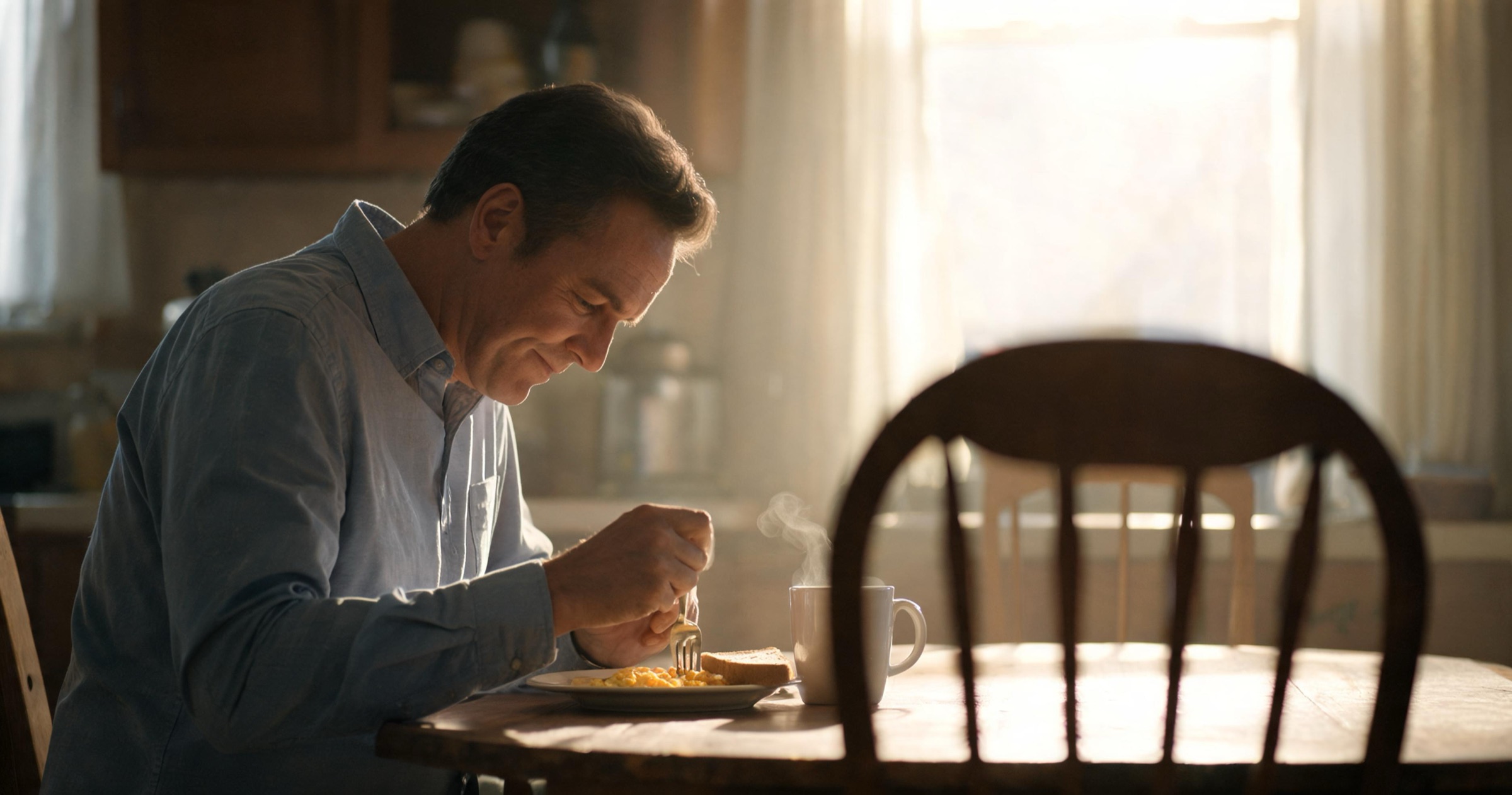 Man in his forties eating breakfast at a kitchen table set for one, soft morning light on the empty chair across from him