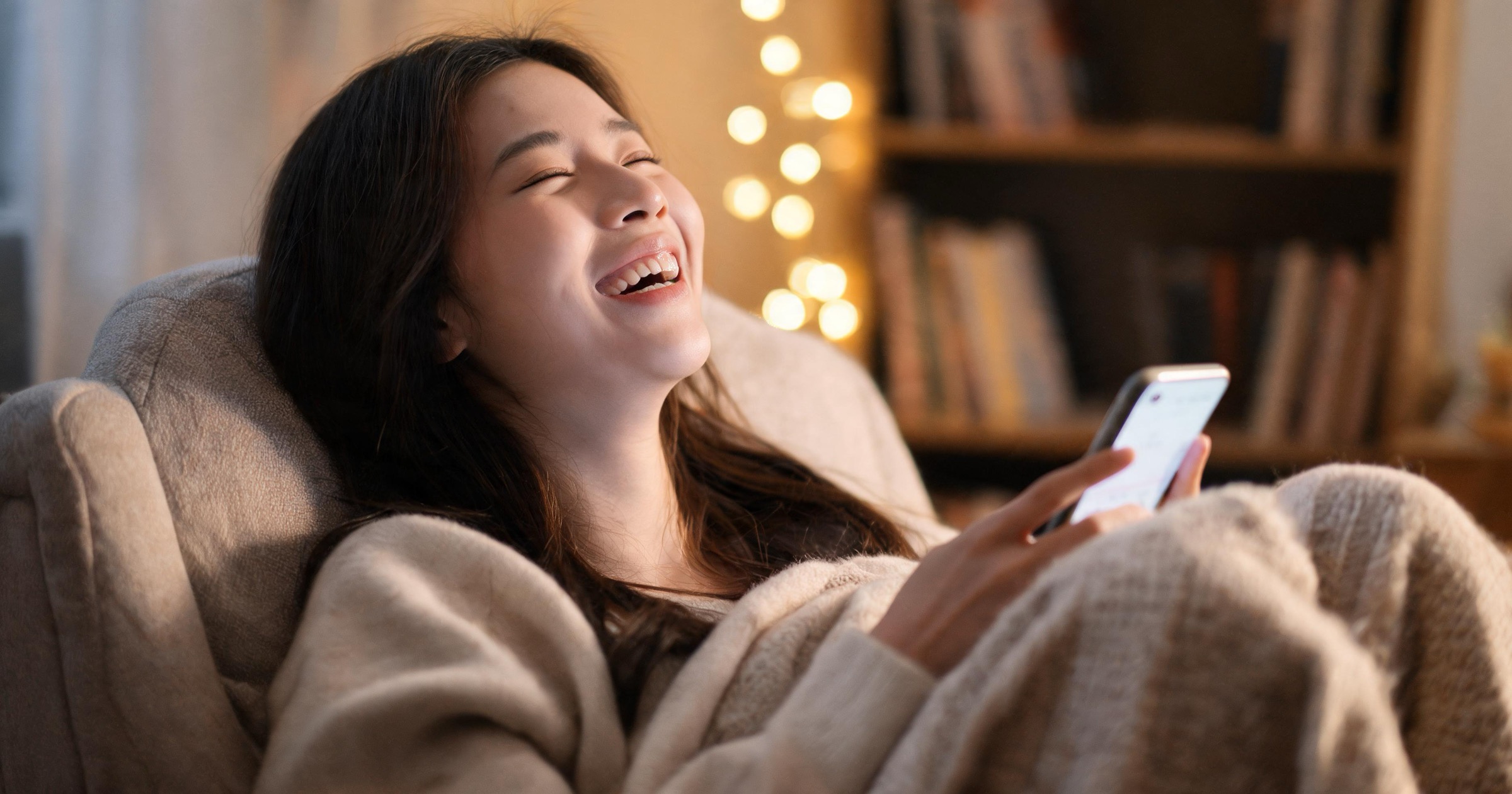 Woman curled in an armchair laughing warmly at a message that clearly knows her