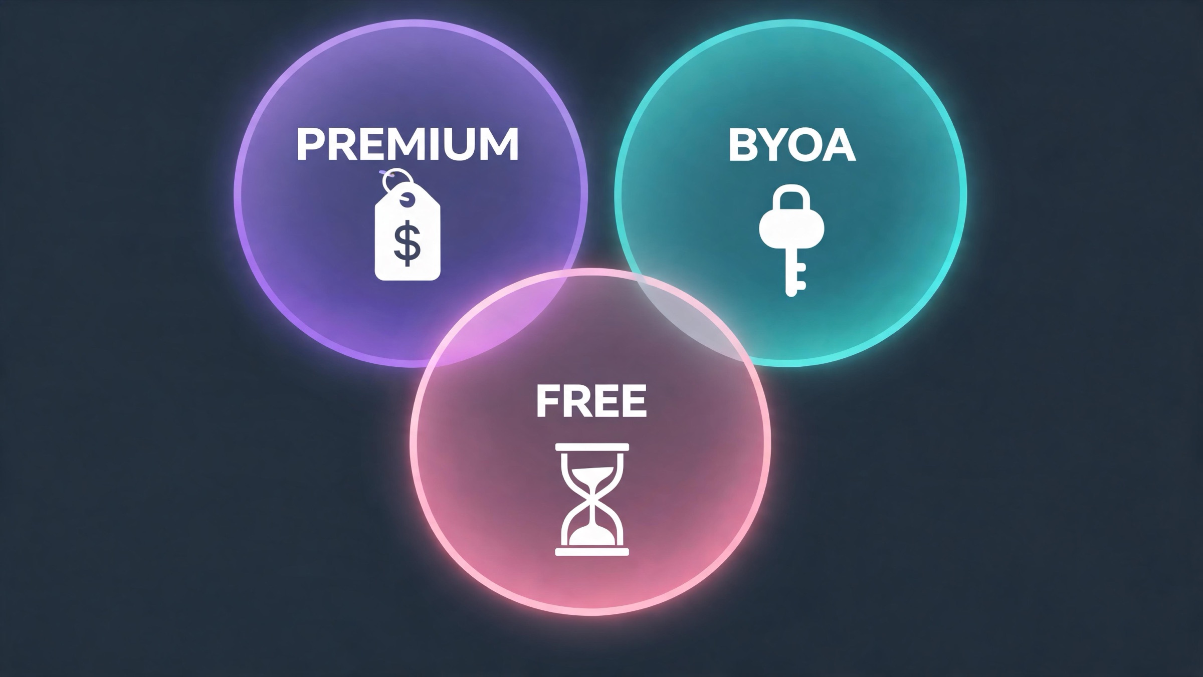 Quadrant diagram of the three uncensored AI platform types: premium flat-fee, bring-your-own-API, and free queue-based