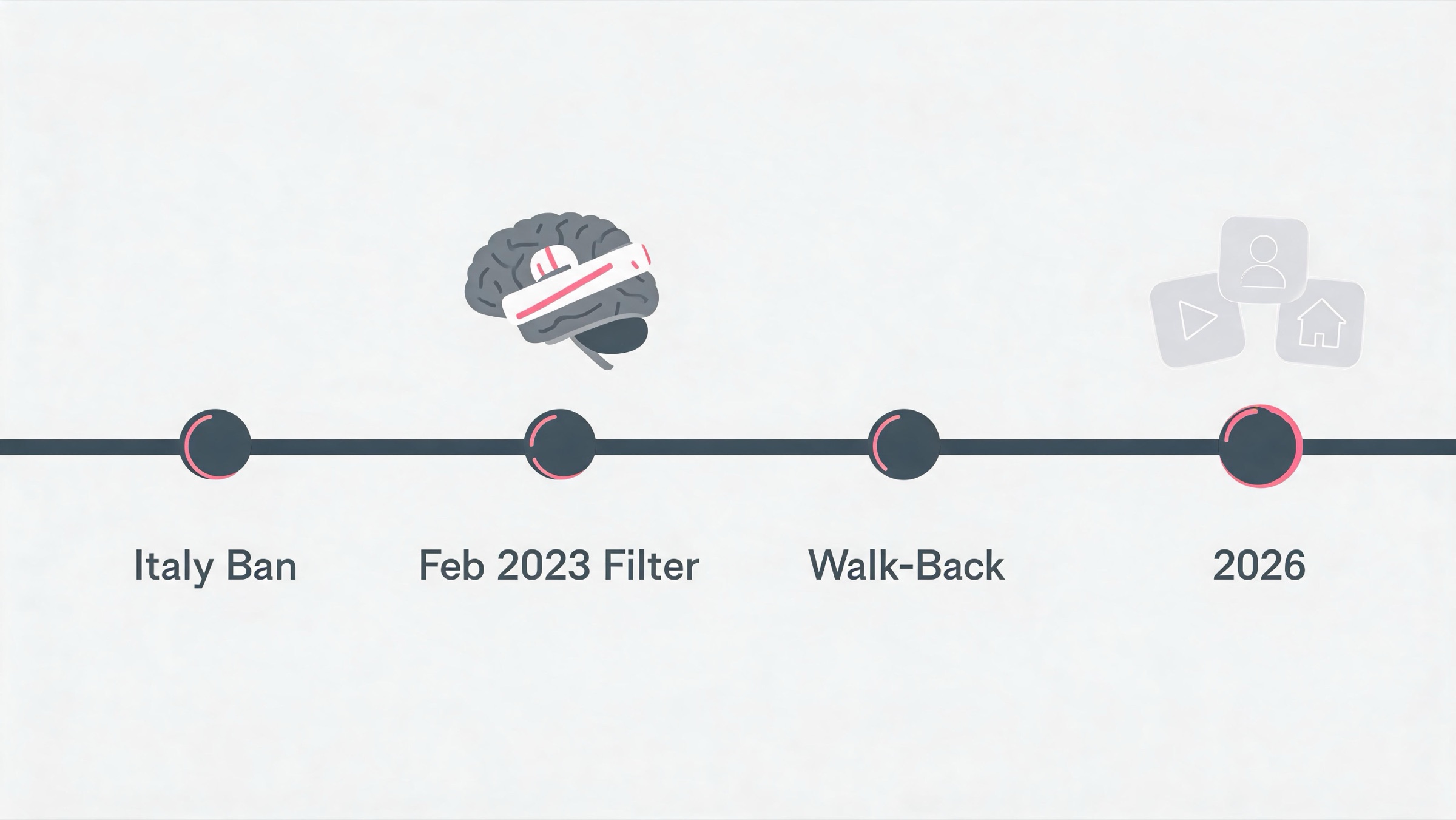 Timeline of the Replika NSFW removal: the Italian data authority order, the February 2023 filter, the partial walk-back, and the rise of 2026 alternatives