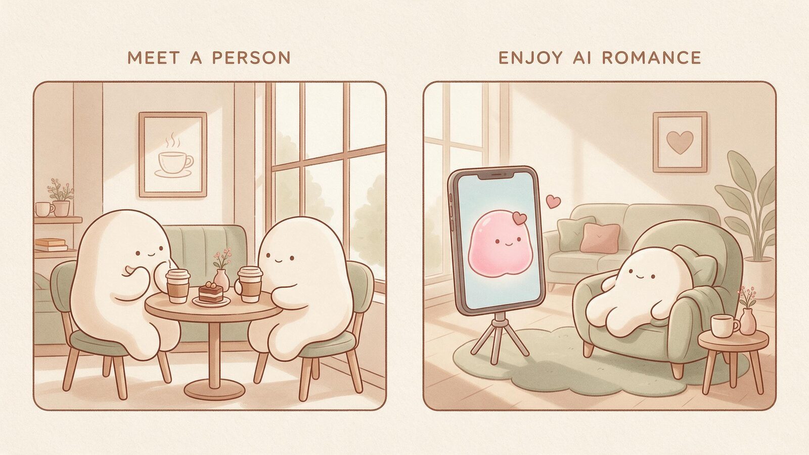 Balanced panels contrast meeting a person at a café with enjoying AI romance through a phone.