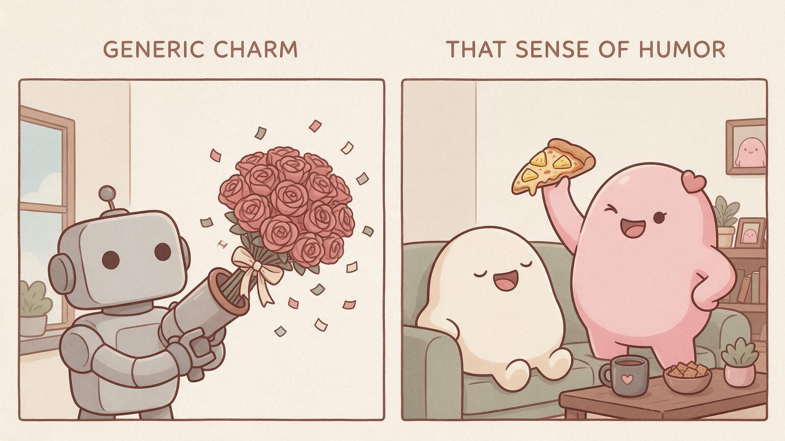 A generic grand gesture contrasts with two blobs enjoying a specific playful disagreement.