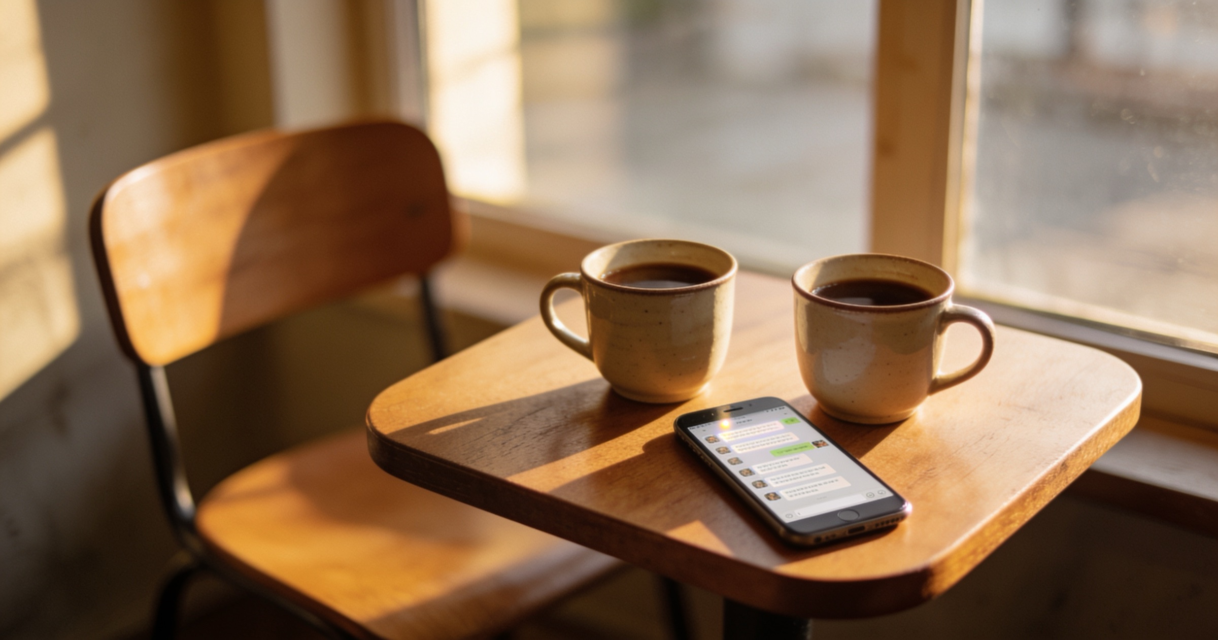 Two coffee cups on a small wooden cafe table with a phone showing a long chat thread beside an empty chair