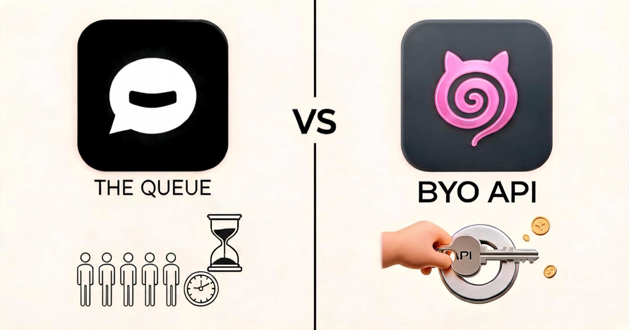 Split illustration contrasting SpicyChat's free queue with Janitor AI's bring-your-own-API key costs